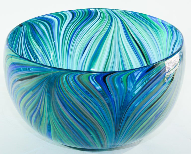 Post Modern Blue and Clear Large Decorative Hand Blown Murano Art Glass Bowl at 1stDibs large