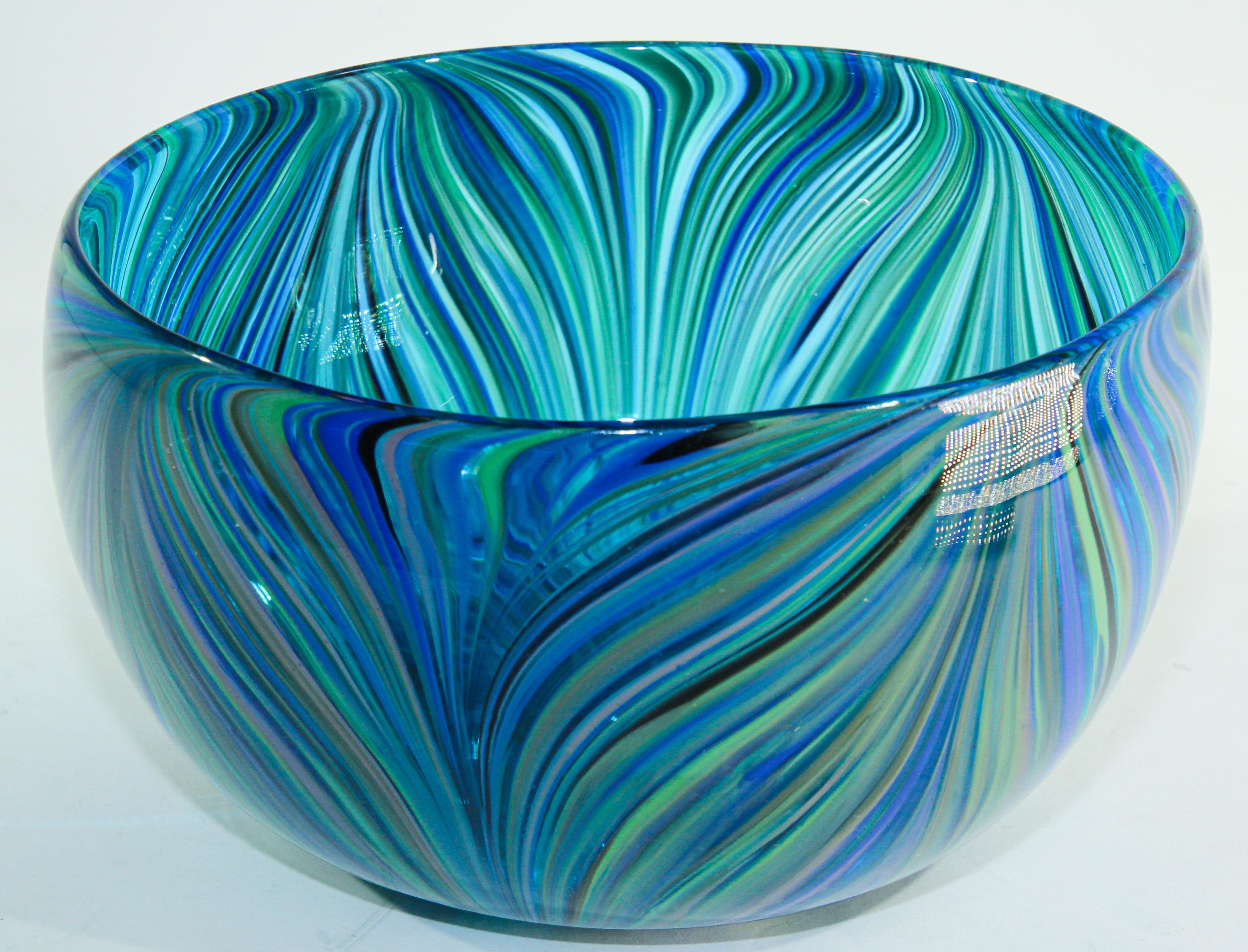 Post Modern Blue and Clear Large Decorative Hand Blown Murano Art Glass Bowl 10