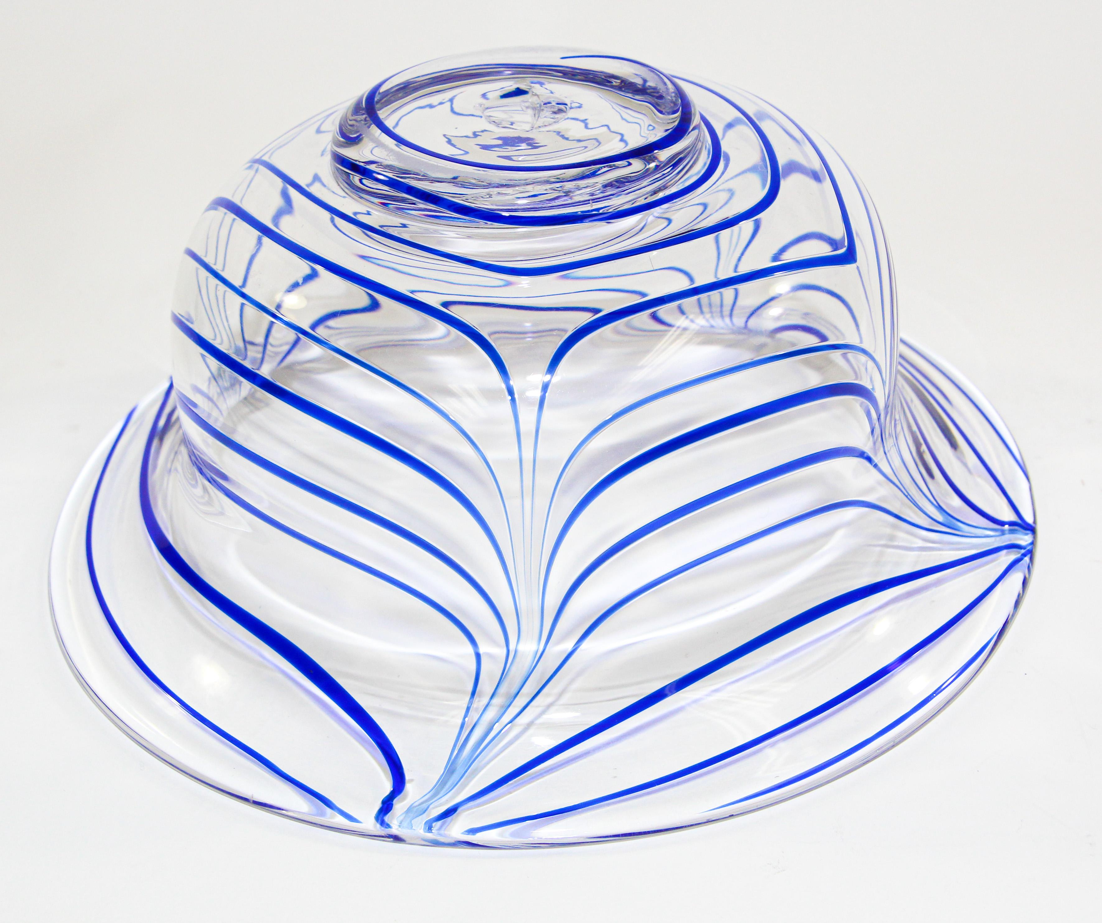 Italian Post Modern Blue and Clear Large Decorative Hand Blown Murano Art Glass Bowl For Sale