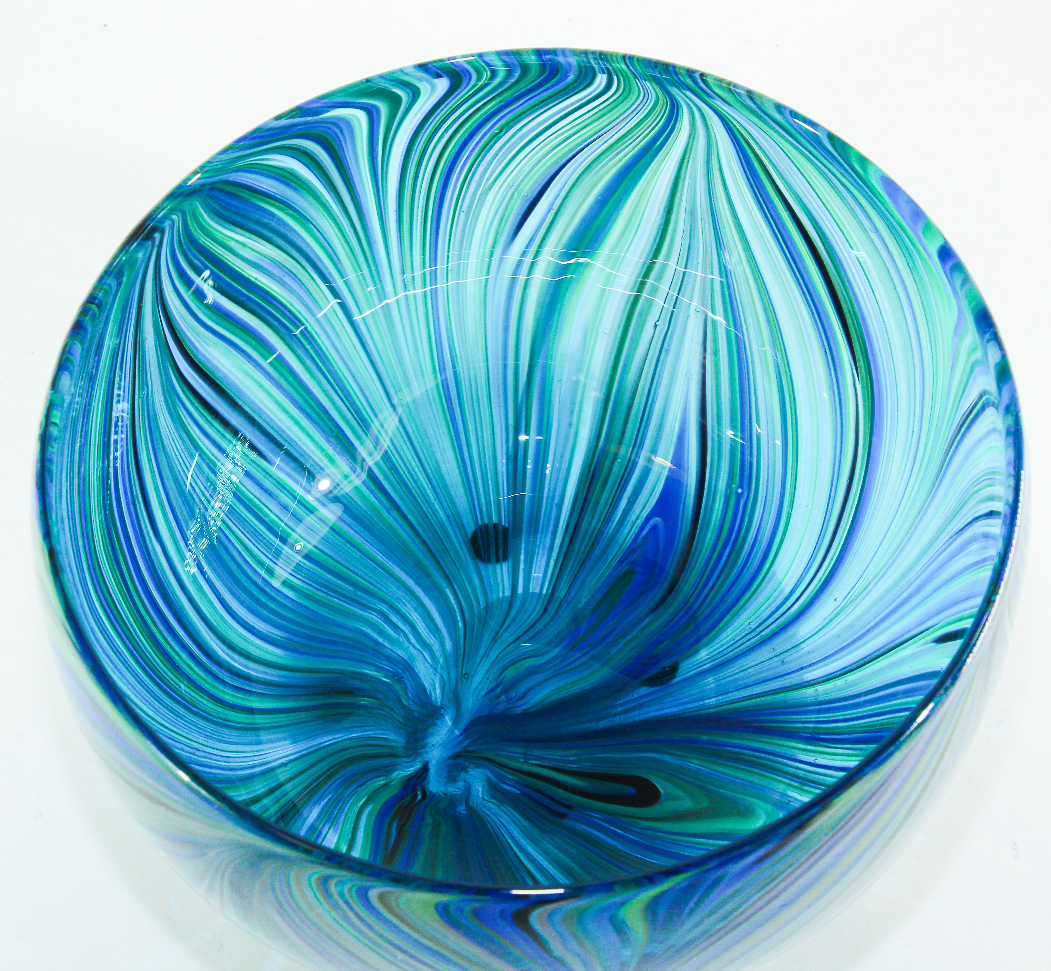 Hand-Crafted Post Modern Blue and Clear Large Decorative Hand Blown Murano Art Glass Bowl