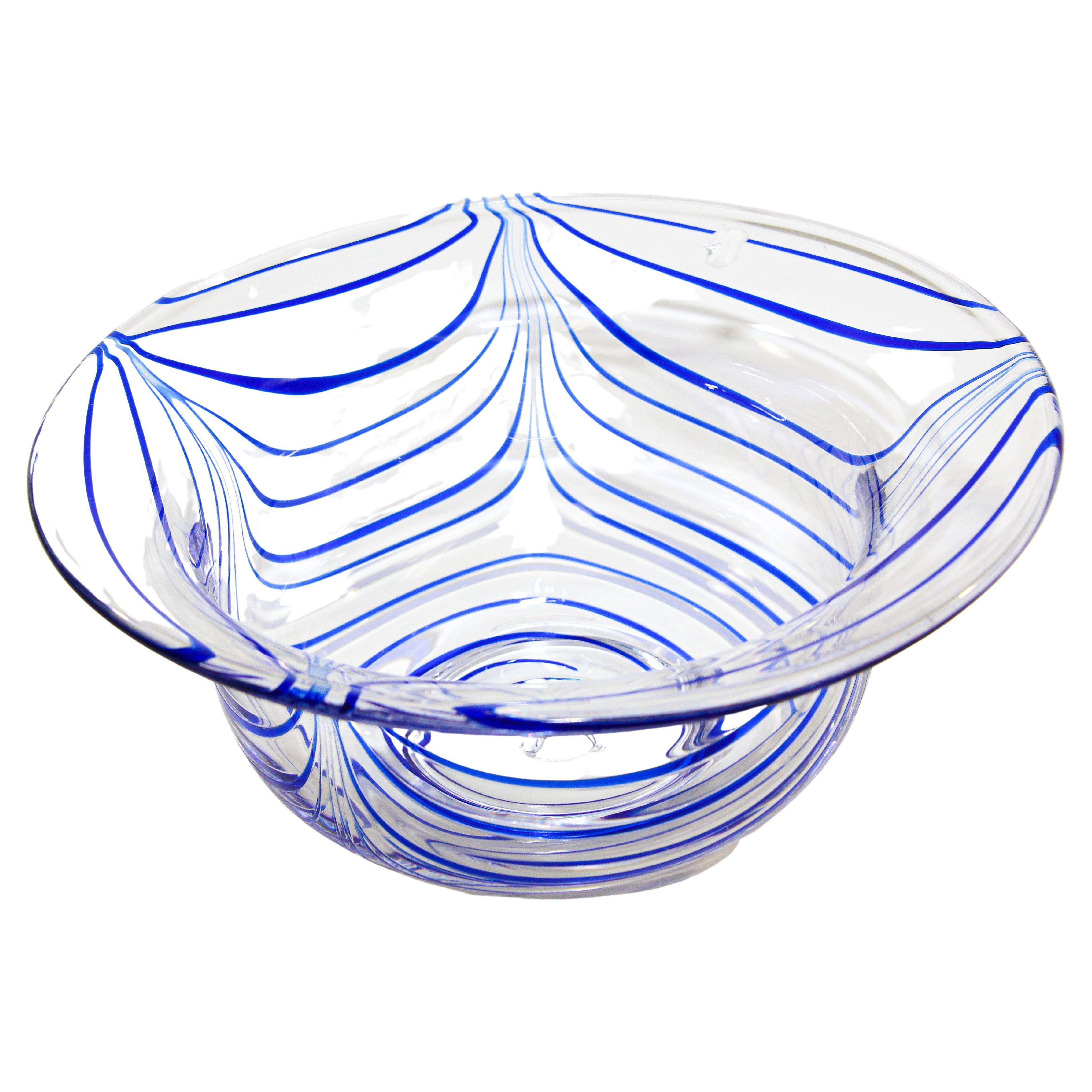Post Modern Blue and Clear Large Decorative Hand Blown Murano Art Glass Bowl