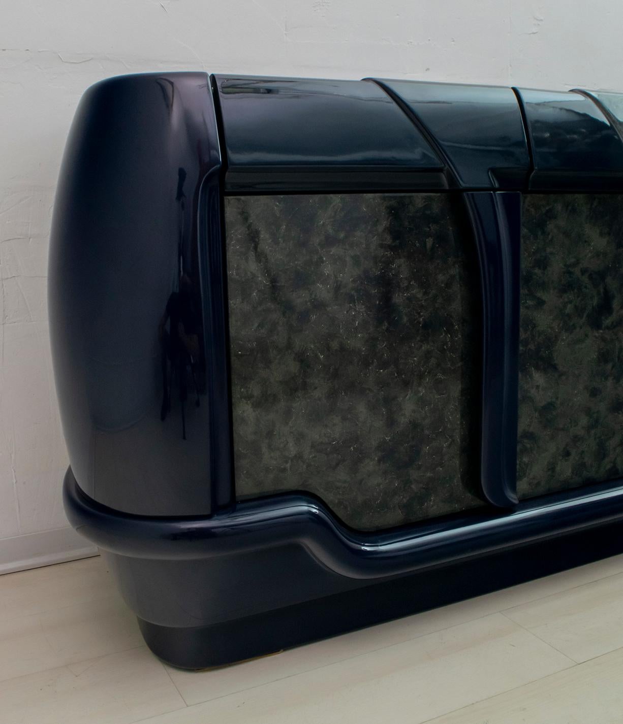 Postmodern Blue Lacquer and Black Marble Sideboard by DBM, Italy, 1980s For Sale 3