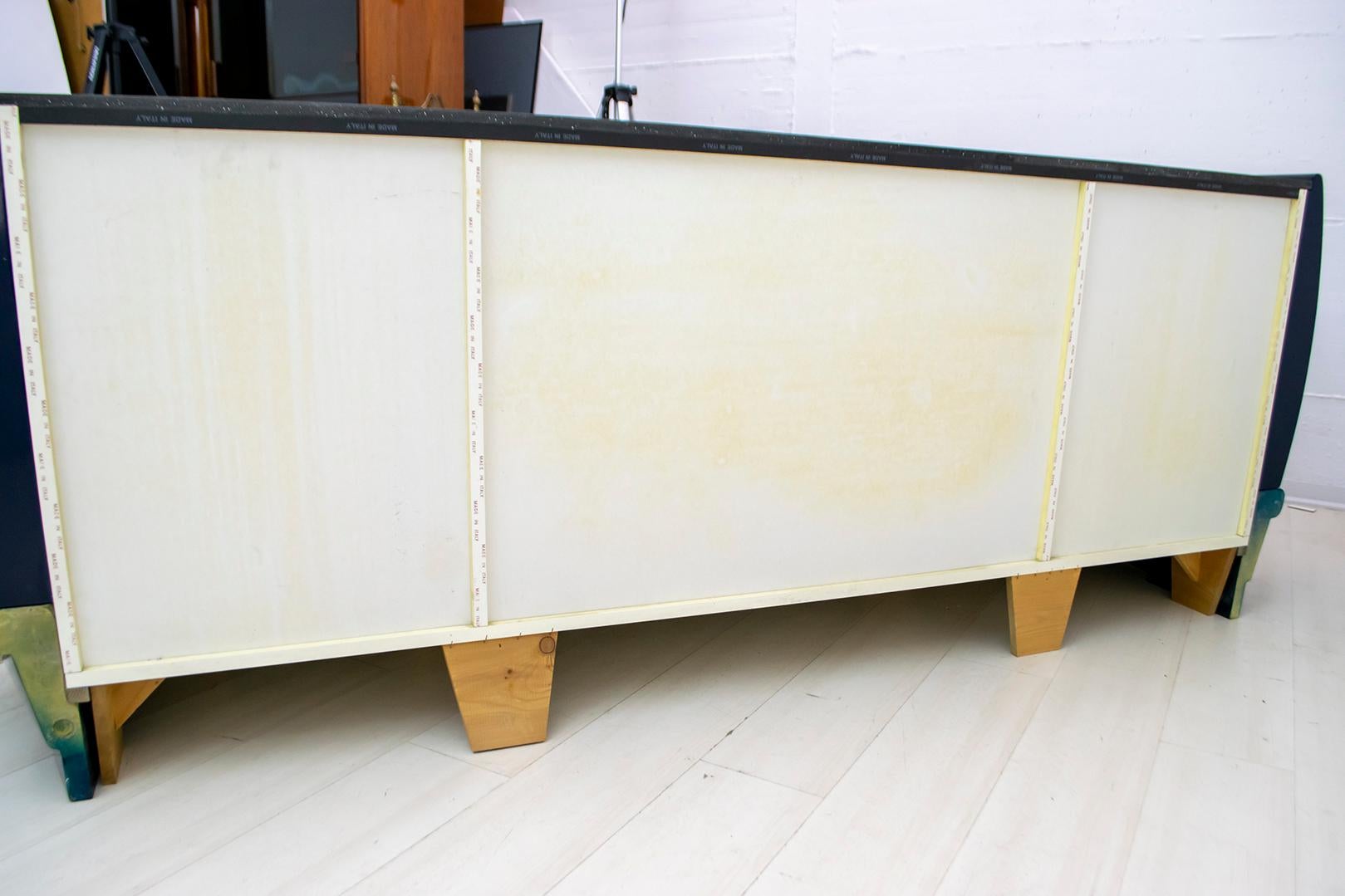 Postmodern Blue Lacquer and Black Marble Sideboard by DBM, Italy, 1980s For Sale 6