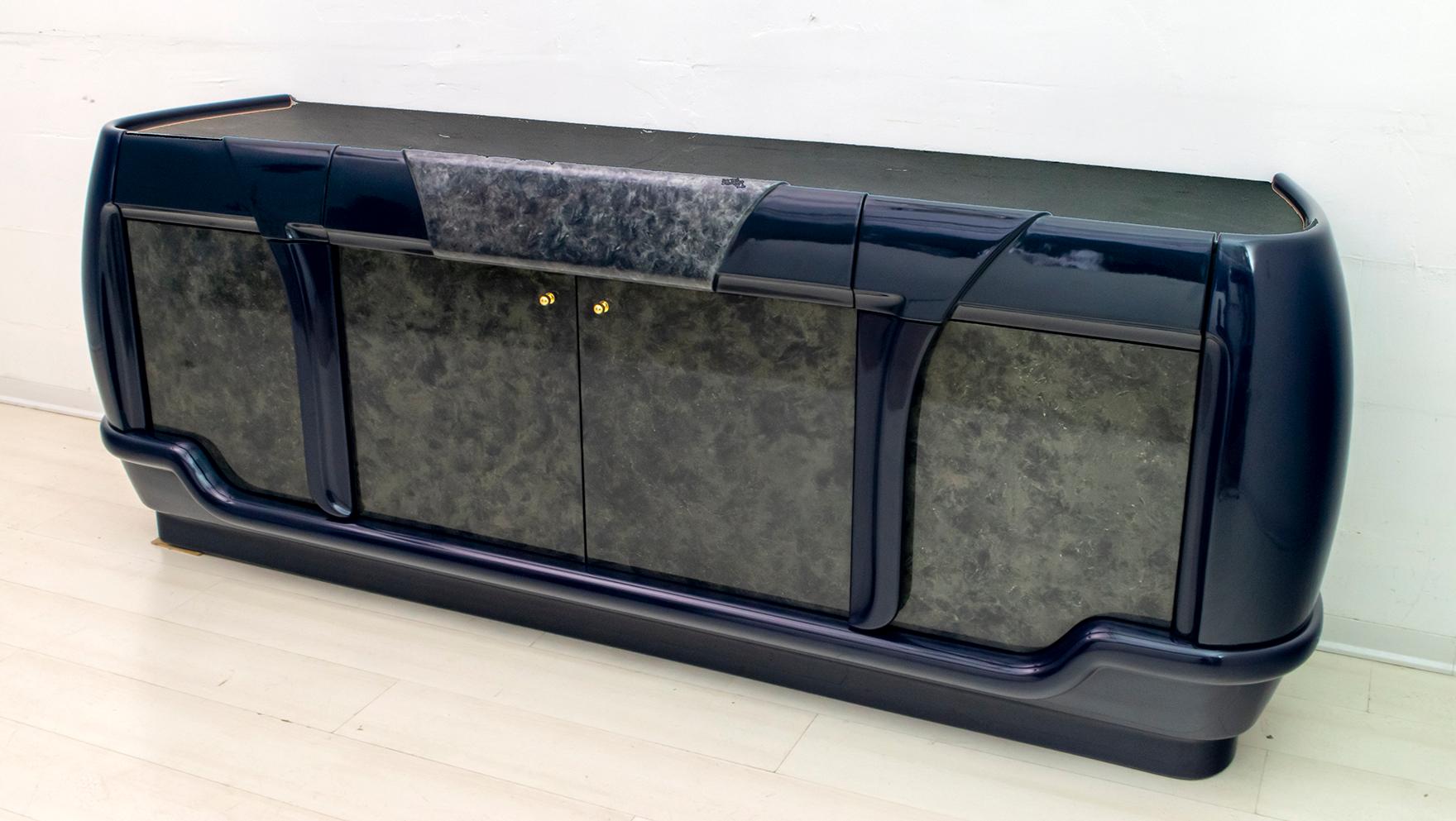 Post-Modern Postmodern Blue Lacquer and Black Marble Sideboard by DBM, Italy, 1980s For Sale