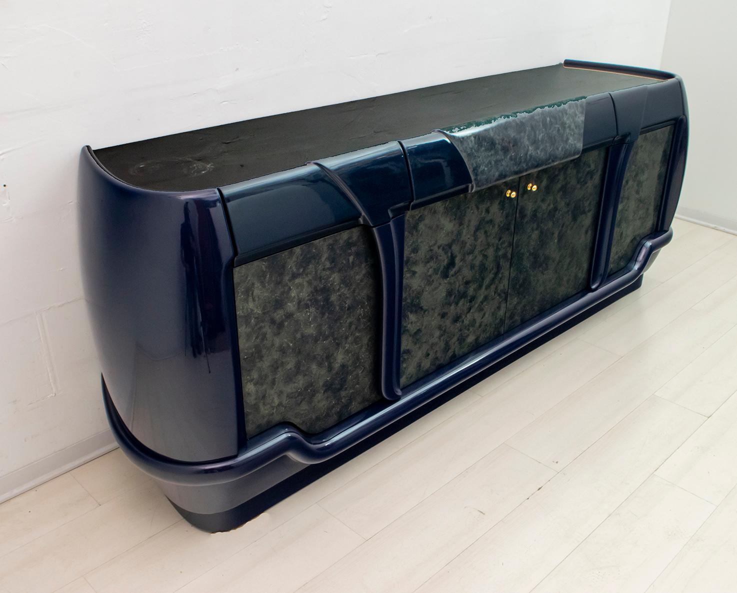 Italian Postmodern Blue Lacquer and Black Marble Sideboard by DBM, Italy, 1980s For Sale