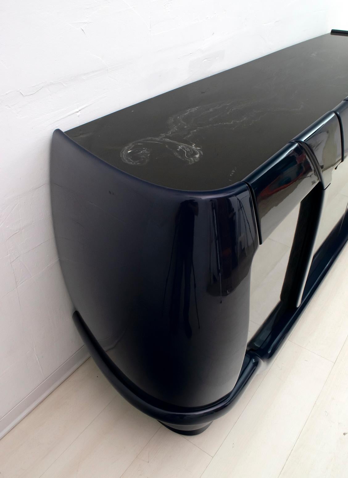 Postmodern Blue Lacquer and Black Marble Sideboard by DBM, Italy, 1980s For Sale 2