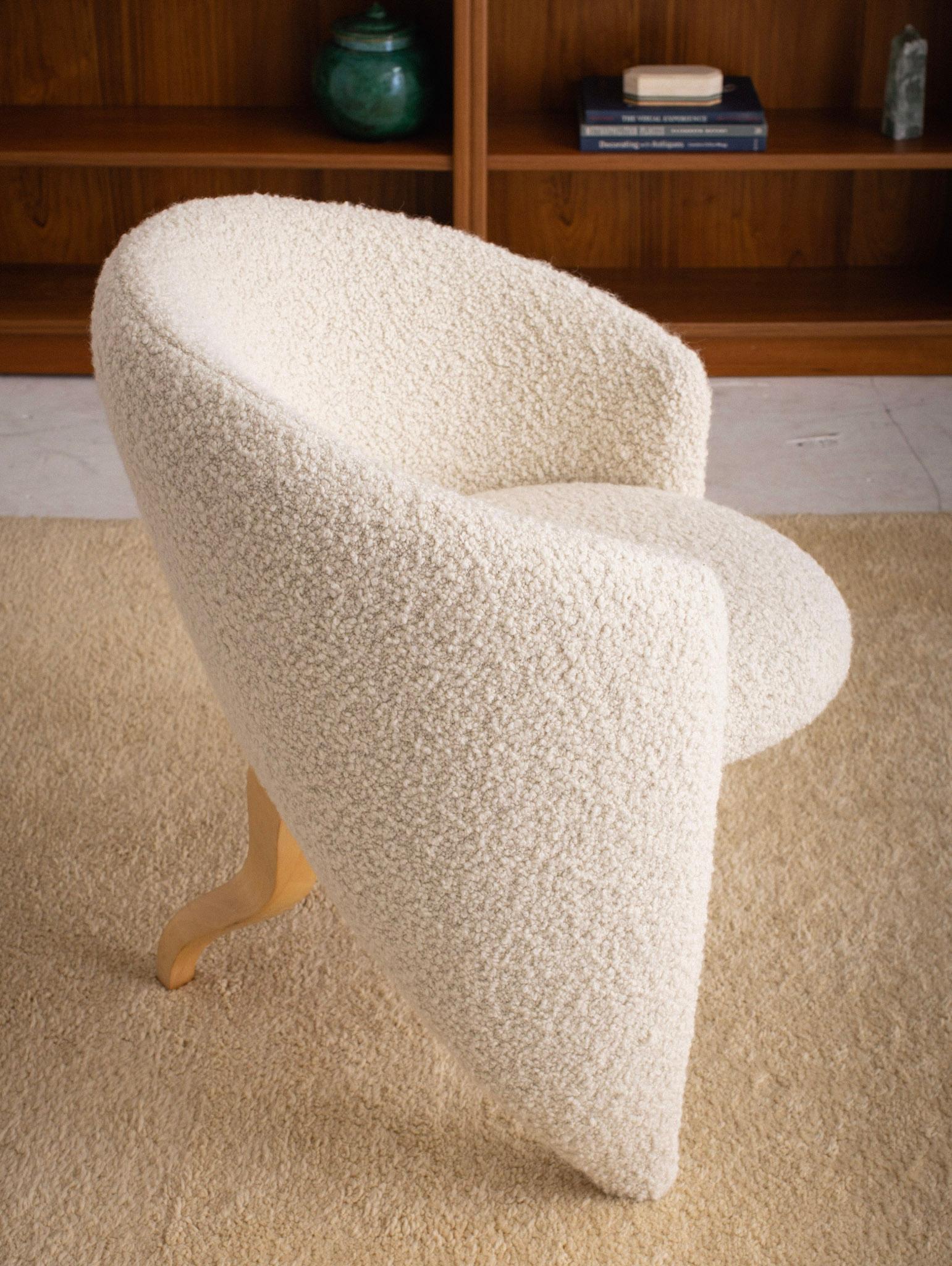Post Modern Boucle Barrel Chair with Blonde Wood Sculpted Detail 4