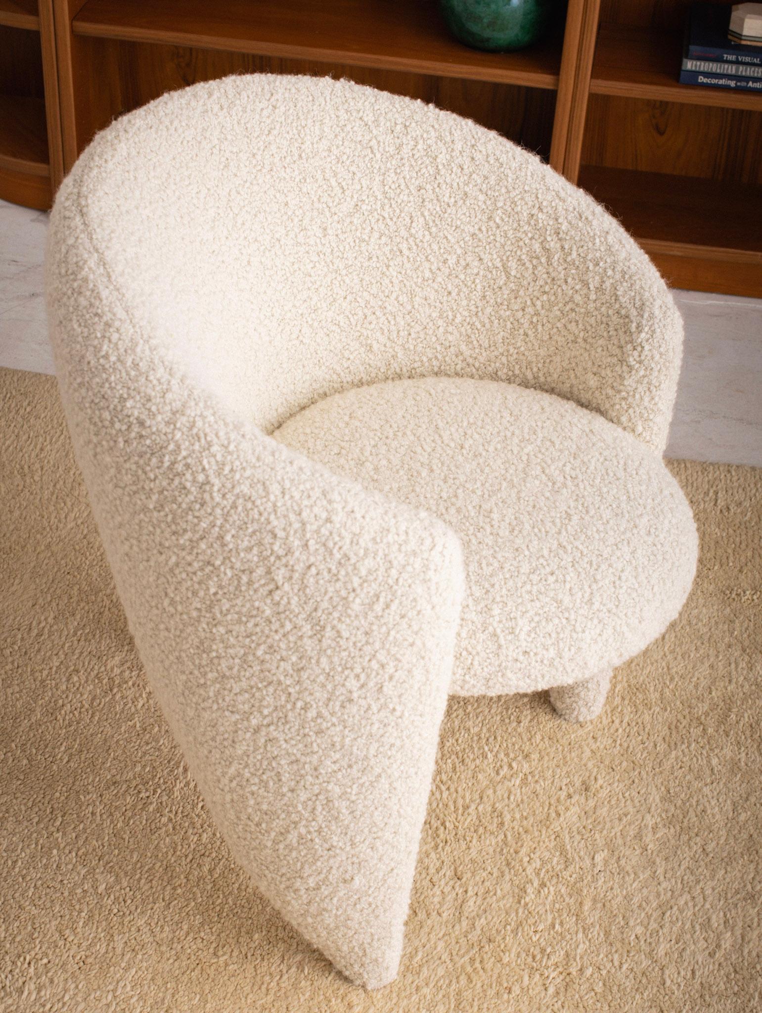 Post-Modern Post Modern Boucle Barrel Chair with Blonde Wood Sculpted Detail