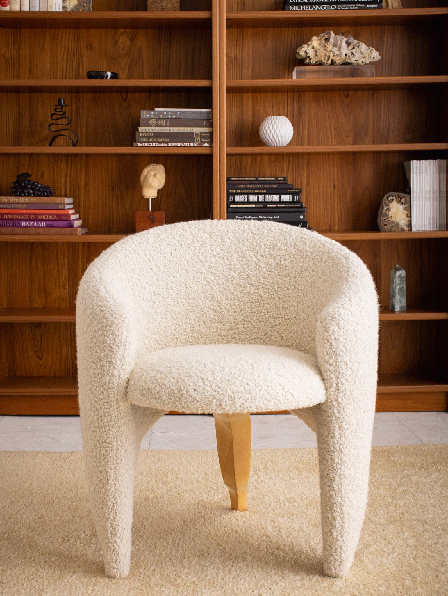 20th Century Post Modern Boucle Barrel Chair with Blonde Wood Sculpted Detail