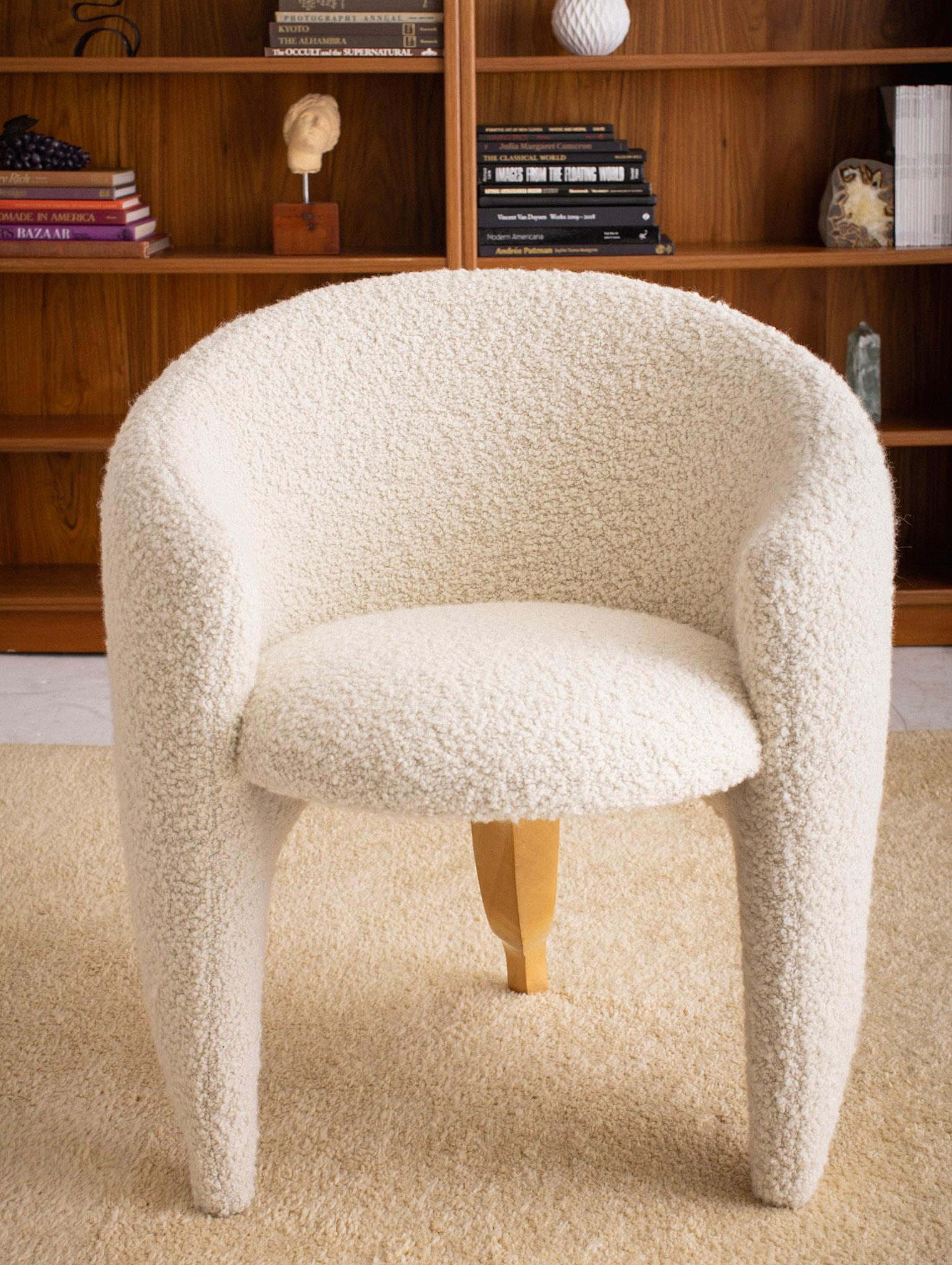 Wool Post Modern Boucle Barrel Chair with Blonde Wood Sculpted Detail