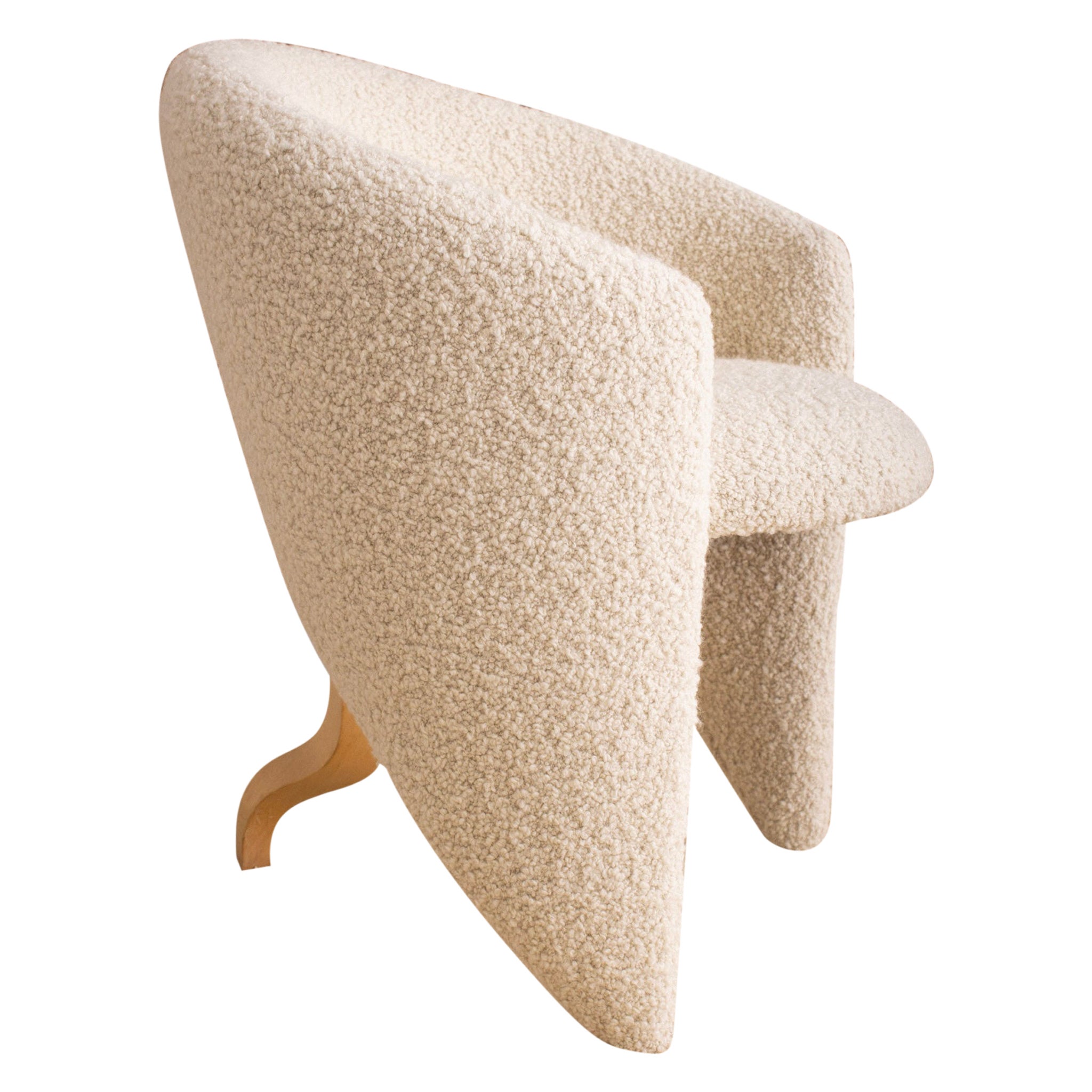 Post Modern Boucle Barrel Chair with Blonde Wood Sculpted Detail