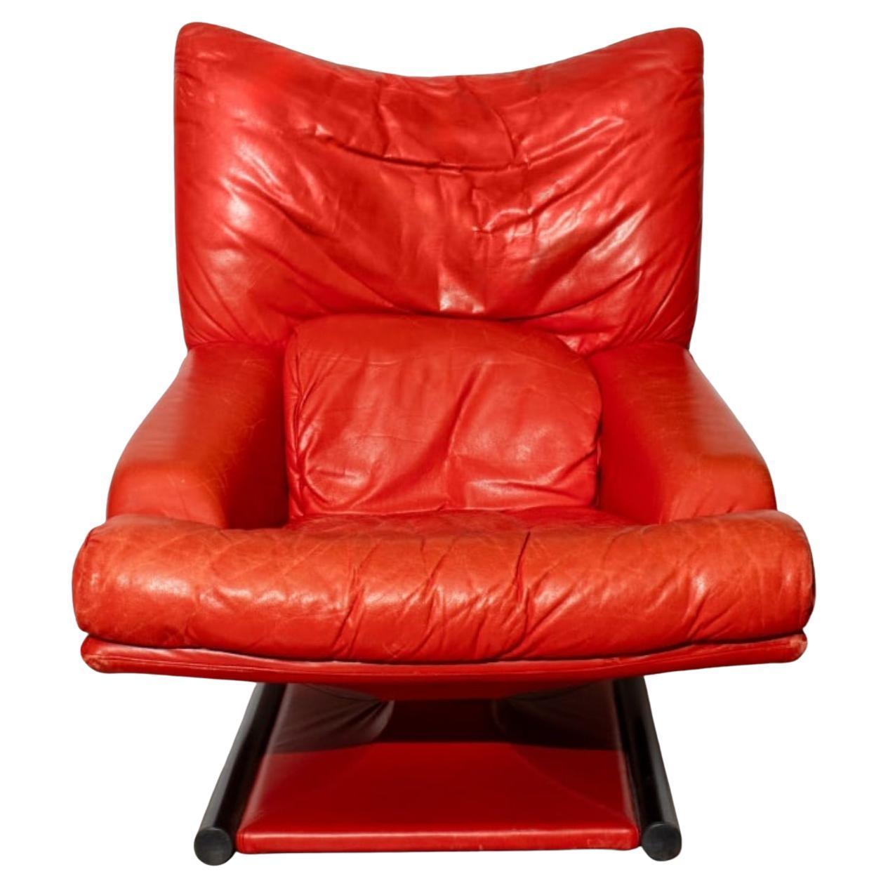 Post-Modern Post modern bright red leather lounge chair with ottoman by Rolf Benz