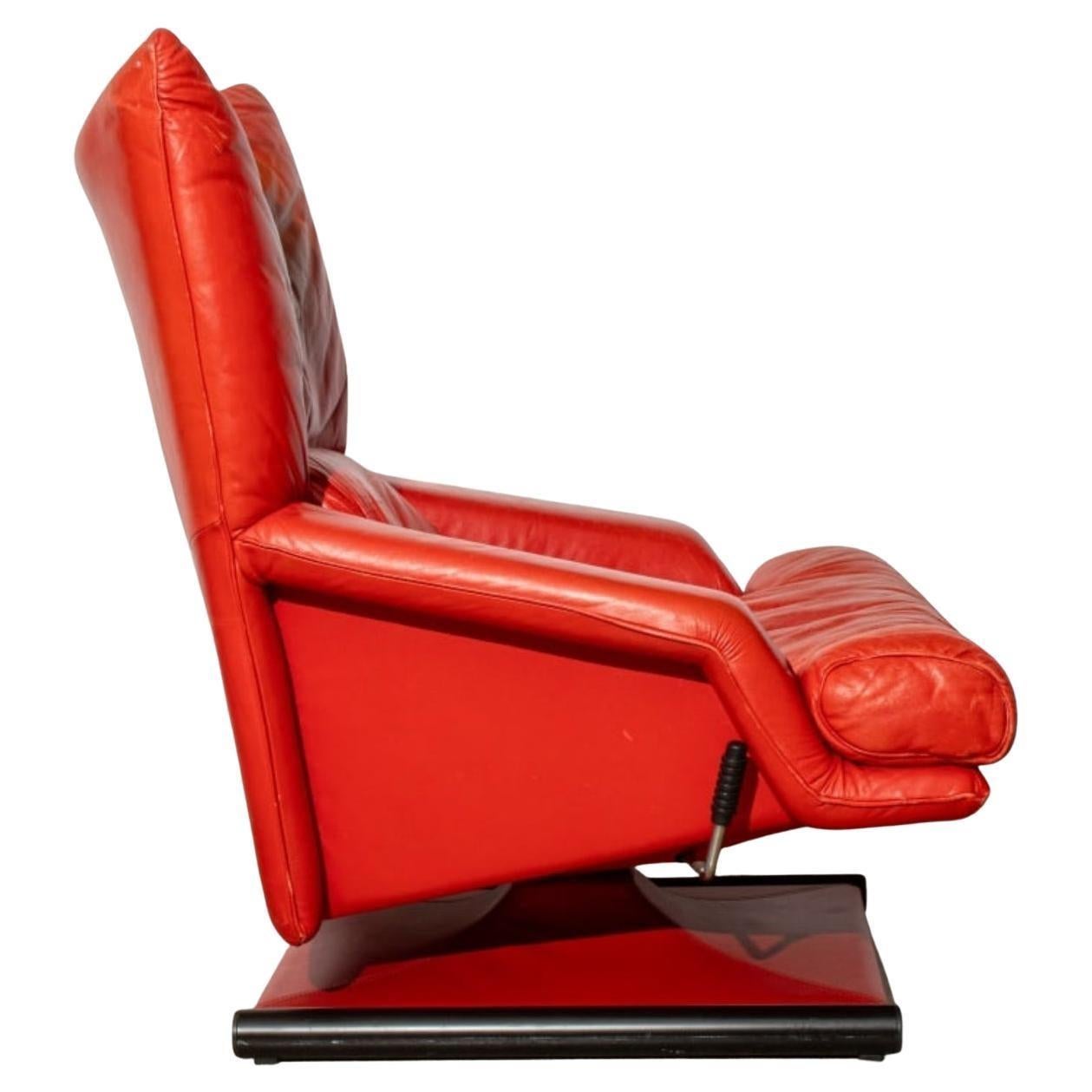 German Post modern bright red leather lounge chair with ottoman by Rolf Benz