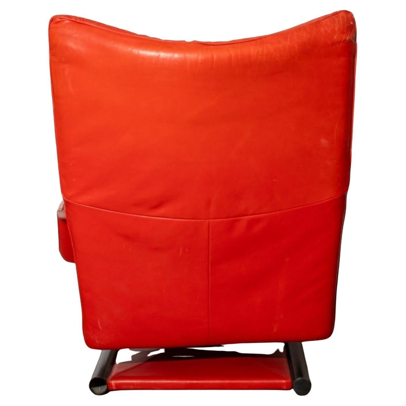 Post modern bright red leather lounge chair with ottoman by Rolf Benz In Good Condition In Brooklyn, NY