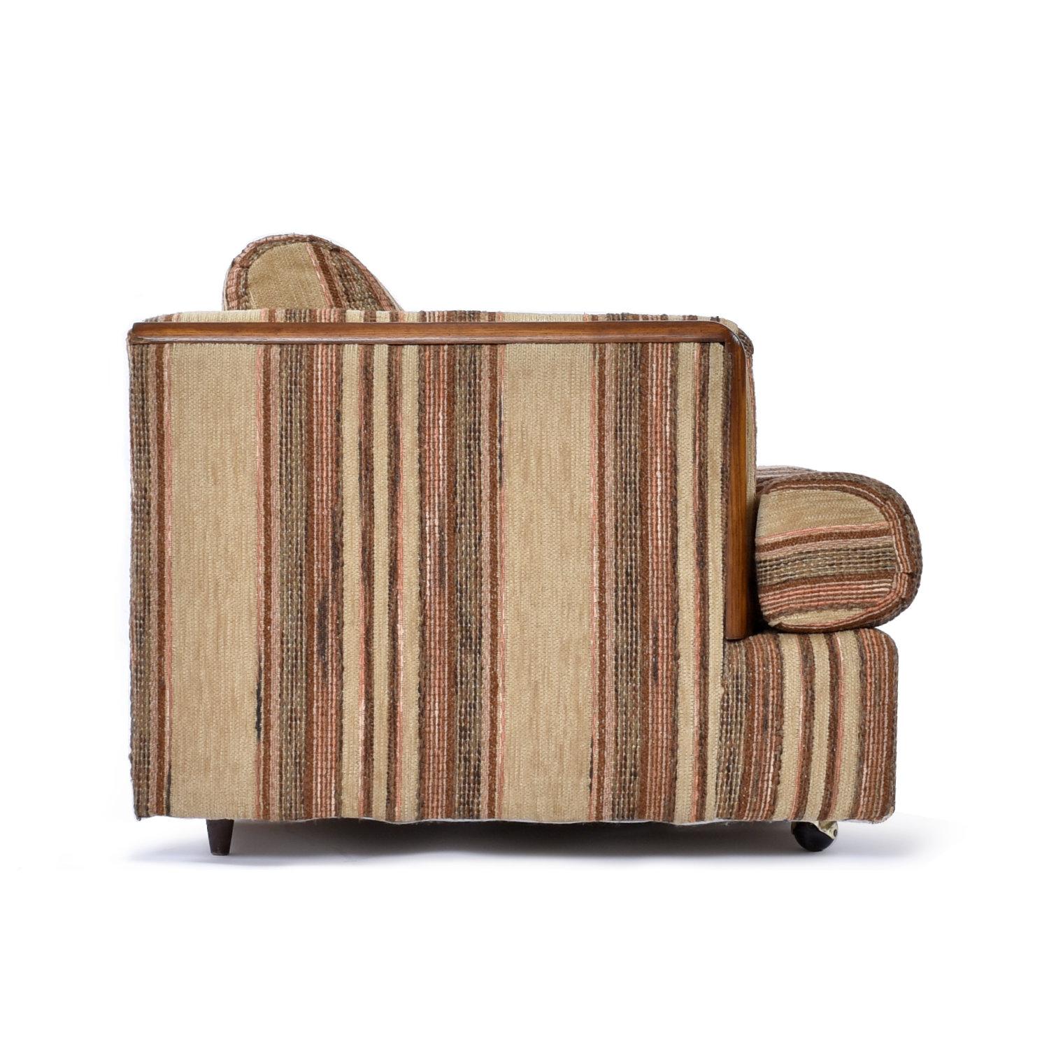 American Post Modern Brown Striped Wood and Brass Accent Tuxedo Armchair For Sale