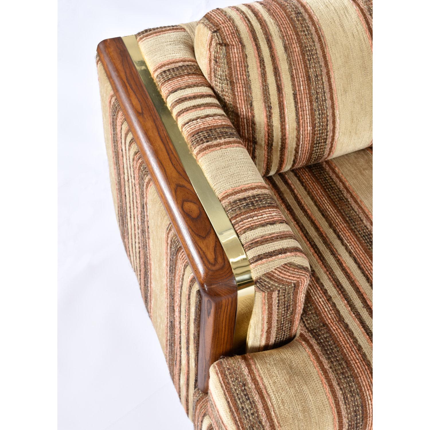 Post Modern Brown Striped Wood and Brass Accent Tuxedo Armchair For Sale 1