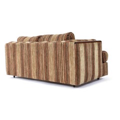 Post Modern Brown Striped Wood and Brass Accent Tuxedo Love Seat Sofa