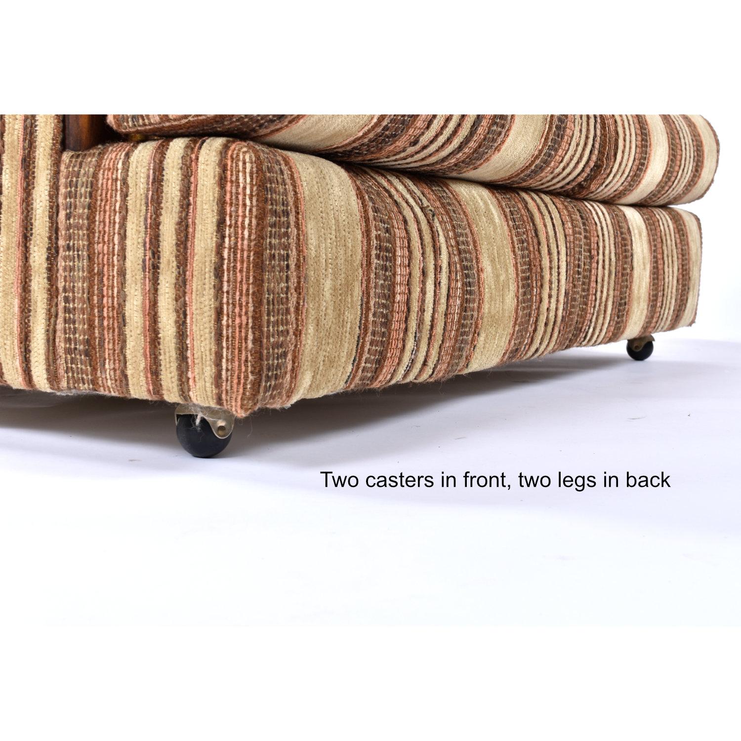 Post Modern Brown Striped Wood and Brass Accent Tuxedo Love Seat Sofa In Good Condition In Chattanooga, TN