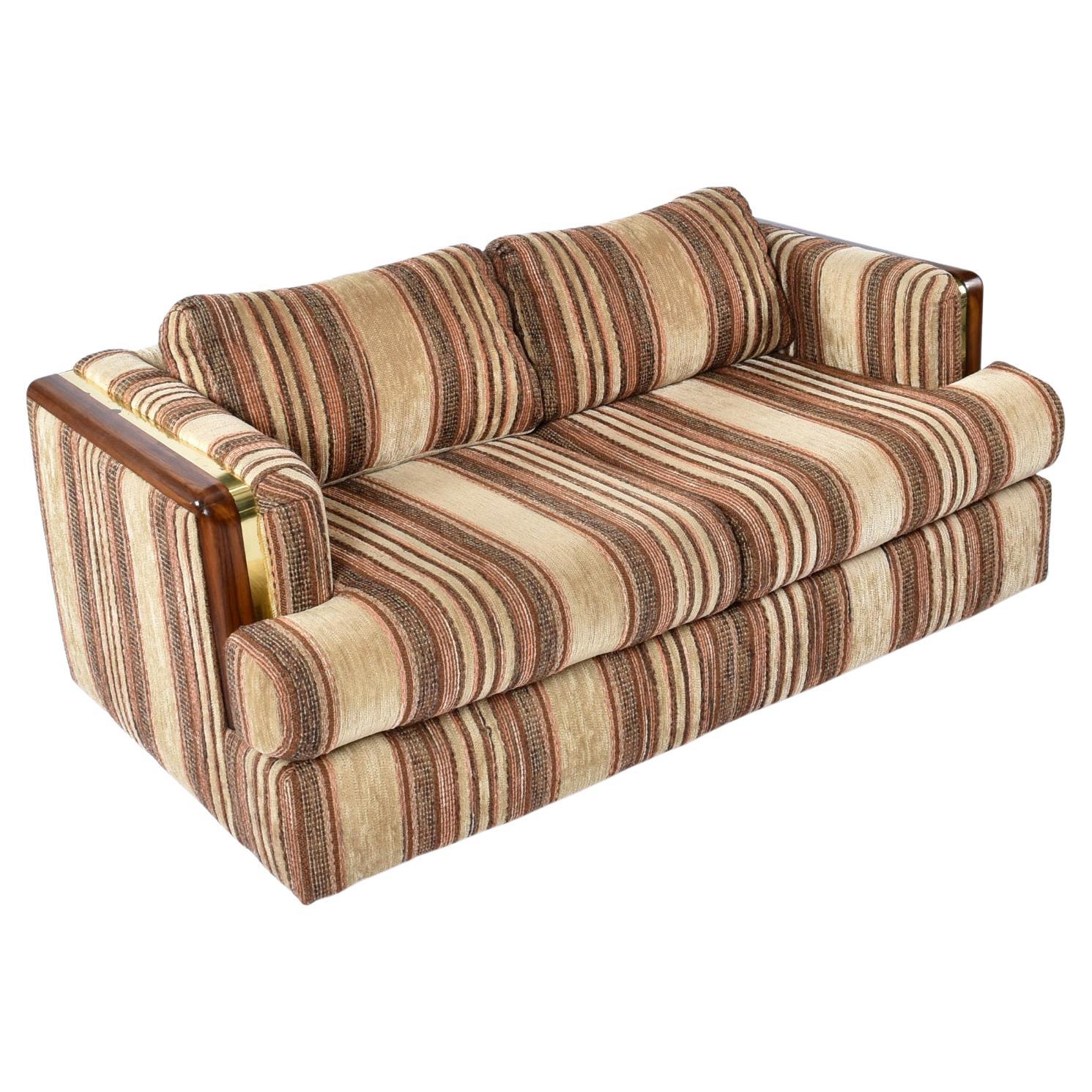 Post Modern Brown Striped Wood and Brass Accent Tuxedo Love Seat Sofa For Sale