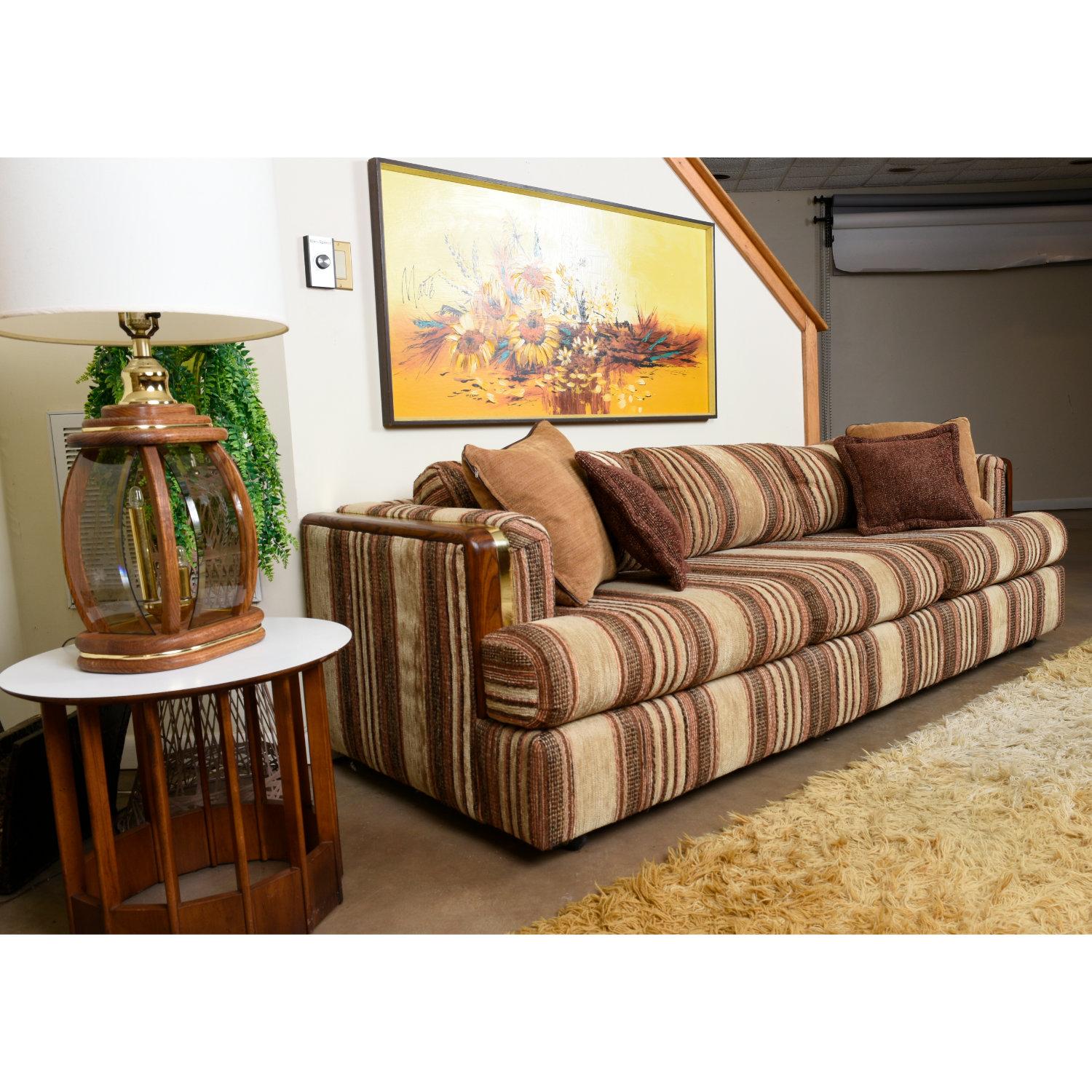 Brown Striped Oak Wood and Brass Accent Tuxedo Sofa 2