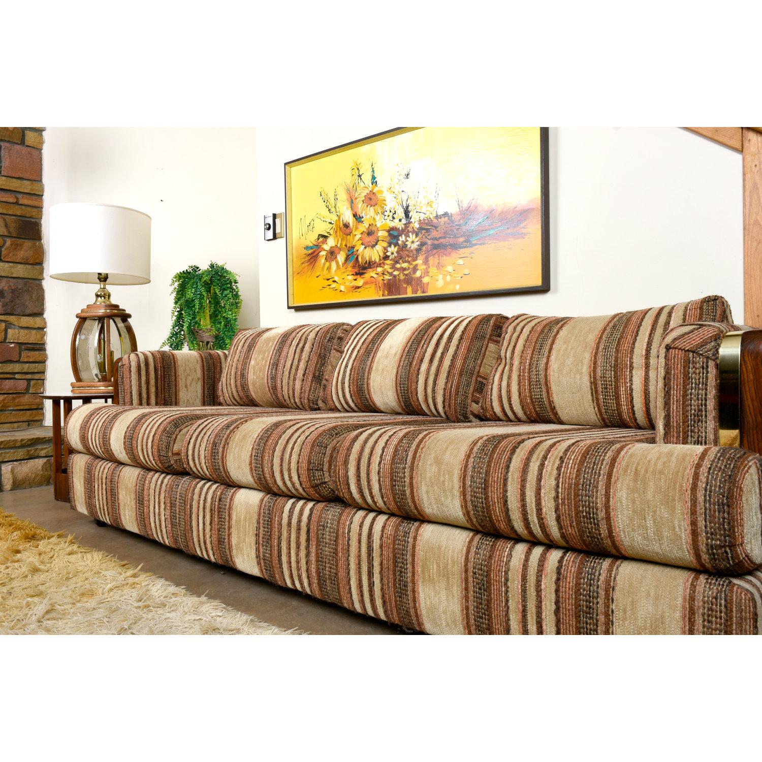 Brown Striped Oak Wood and Brass Accent Tuxedo Sofa 4