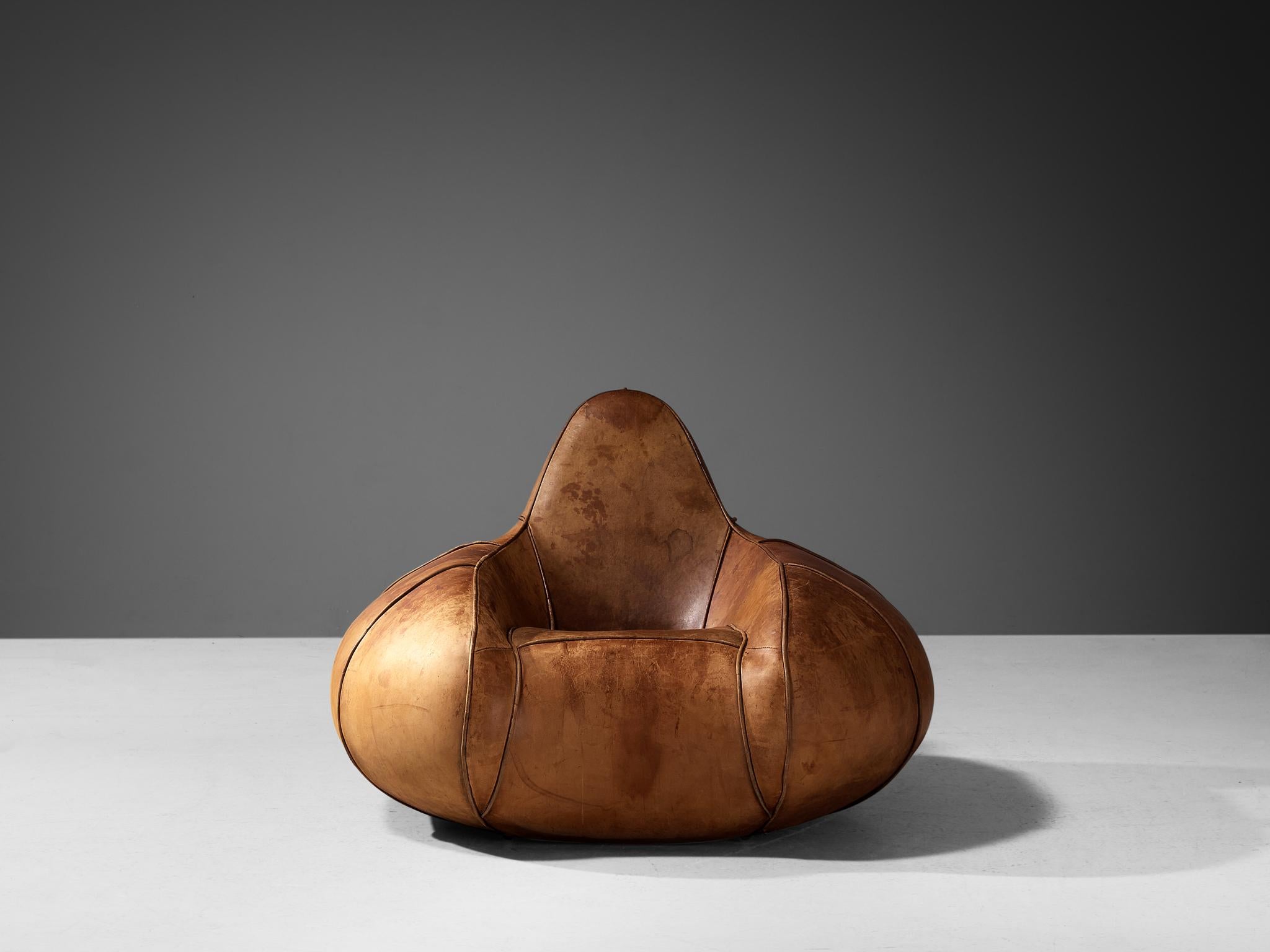 Late 20th Century Post-Modern Bulbous Shaped Lounge Chair in Cognac Leather For Sale