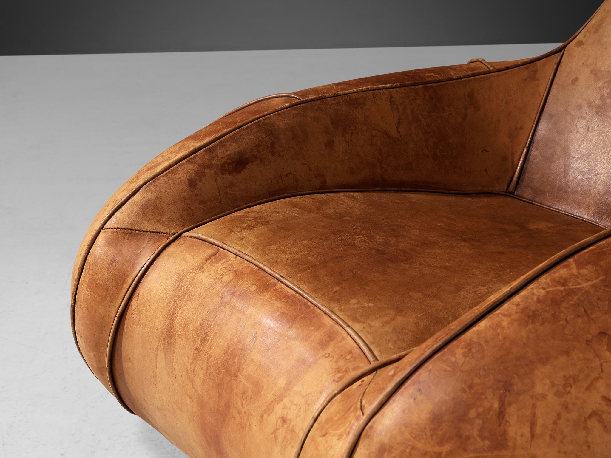 Post-Modern Bulbous Shaped Lounge Chair in Cognac Leather For Sale 2