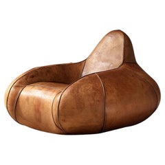 Post-Modern Bulbous Shaped Lounge Chair in Cognac Leather