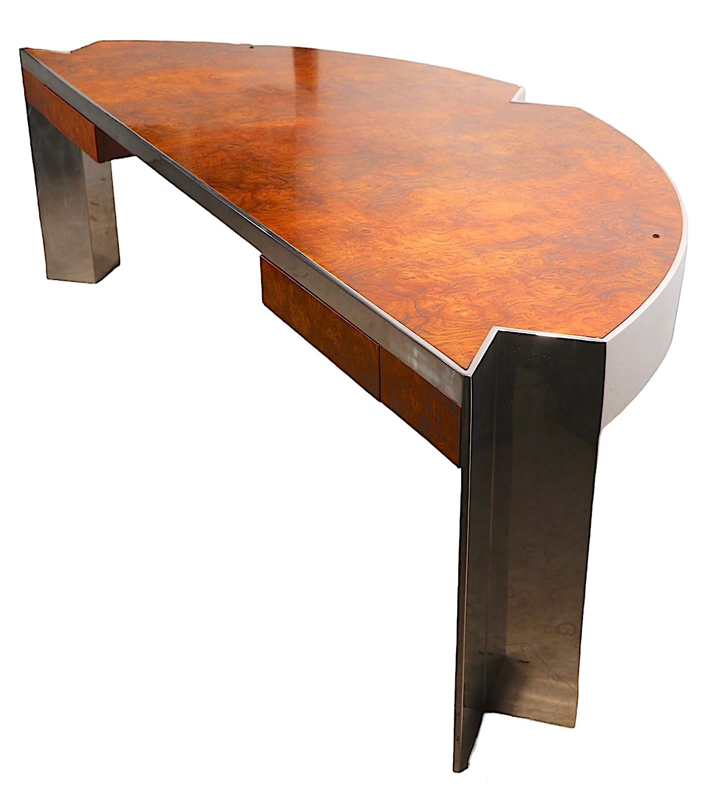 Post Modern Burl and Steel  Mezzaluna Desk by Leon Rosen for Pace c 1970/80's  In Good Condition For Sale In New York, NY