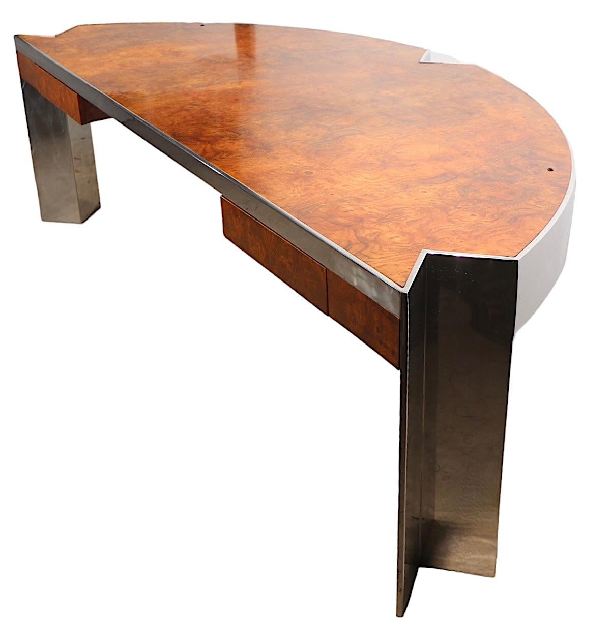 Late 20th Century Post Modern Burl and Steel  Mezzaluna Desk by Leon Rosen for Pace c 1970/80's  For Sale
