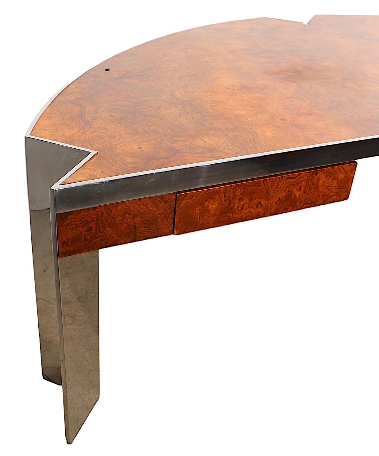 Post Modern Burl and Steel  Mezzaluna Desk by Leon Rosen for Pace c 1970/80's  For Sale 1