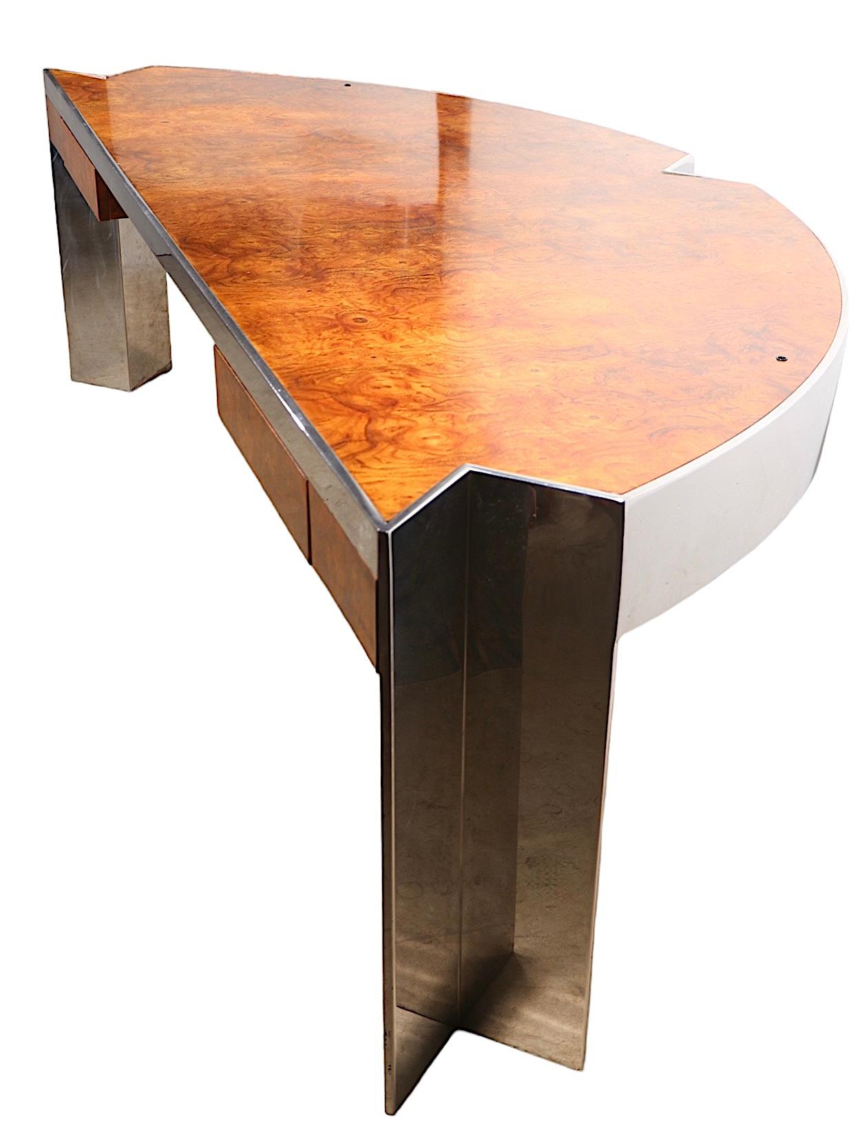 Post Modern Burl and Steel  Mezzaluna Desk by Leon Rosen for Pace c 1970/80's  For Sale 2