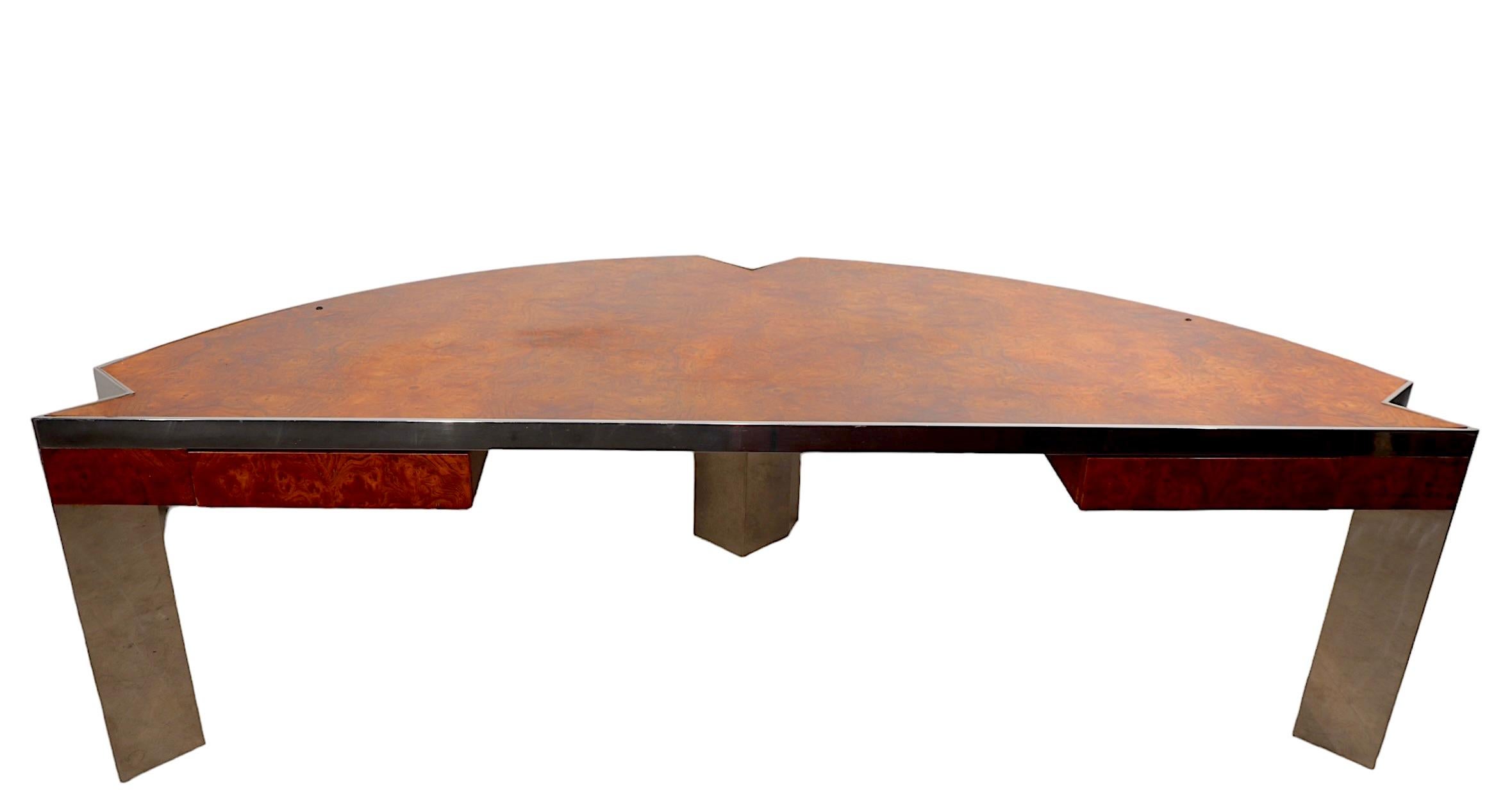 Post Modern Burl and Steel  Mezzaluna Desk by Leon Rosen for Pace c 1970/80's  For Sale 3