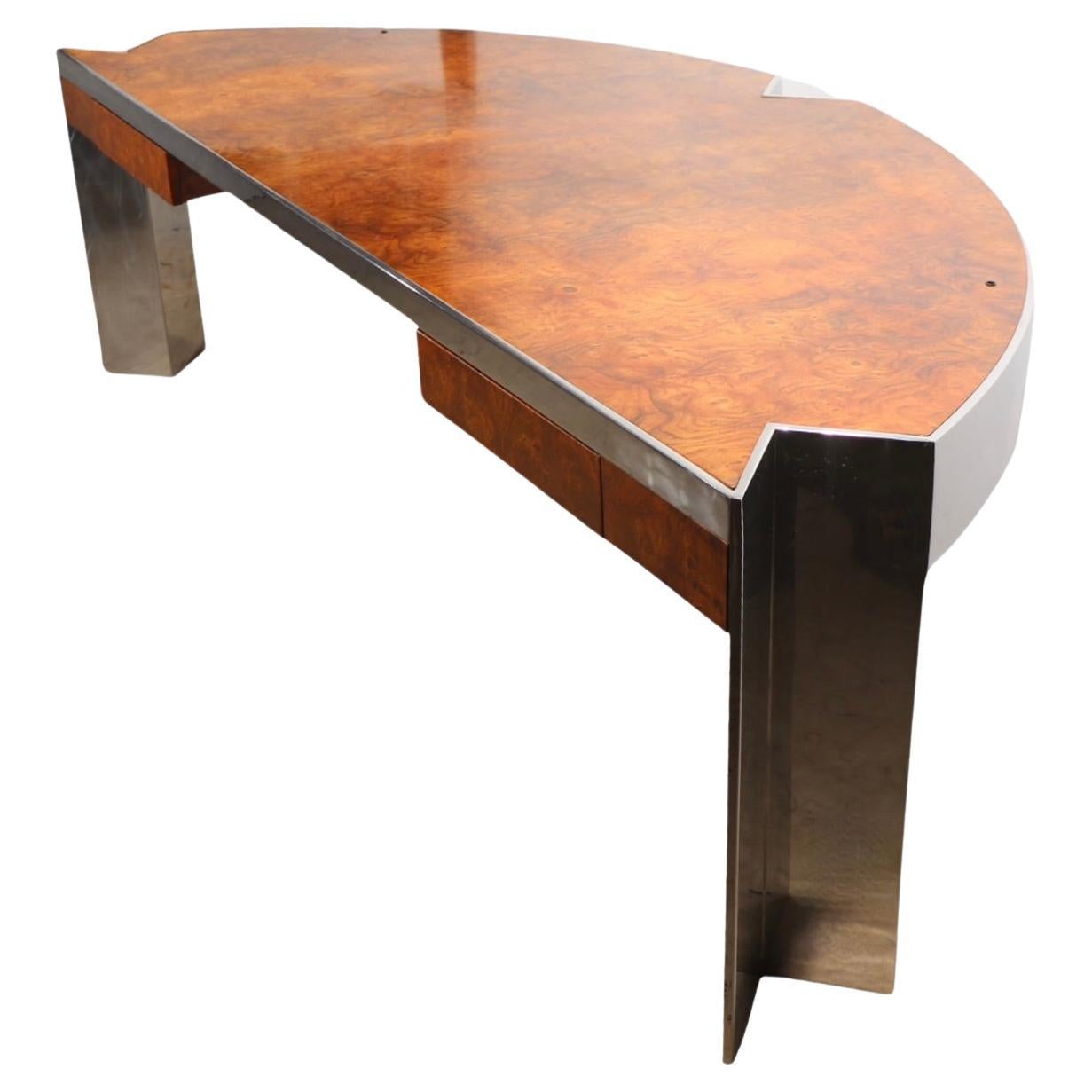 Post Modern Burl and Steel  Mezzaluna Desk by Leon Rosen for Pace c 1970/80's 