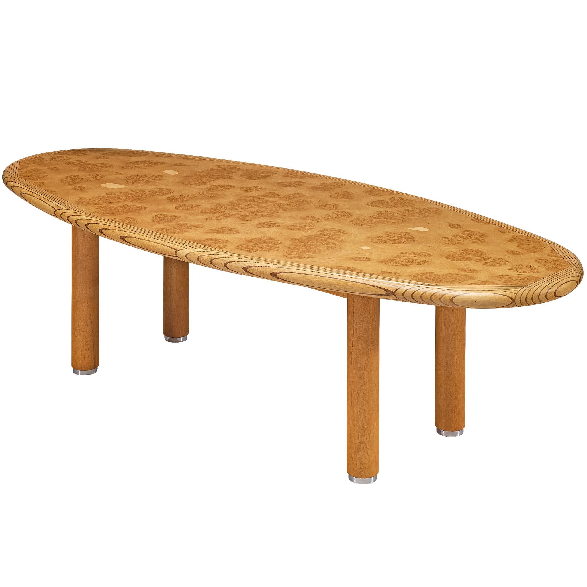Post-Modern Burl Oak Dining Table with Wengé Inlay