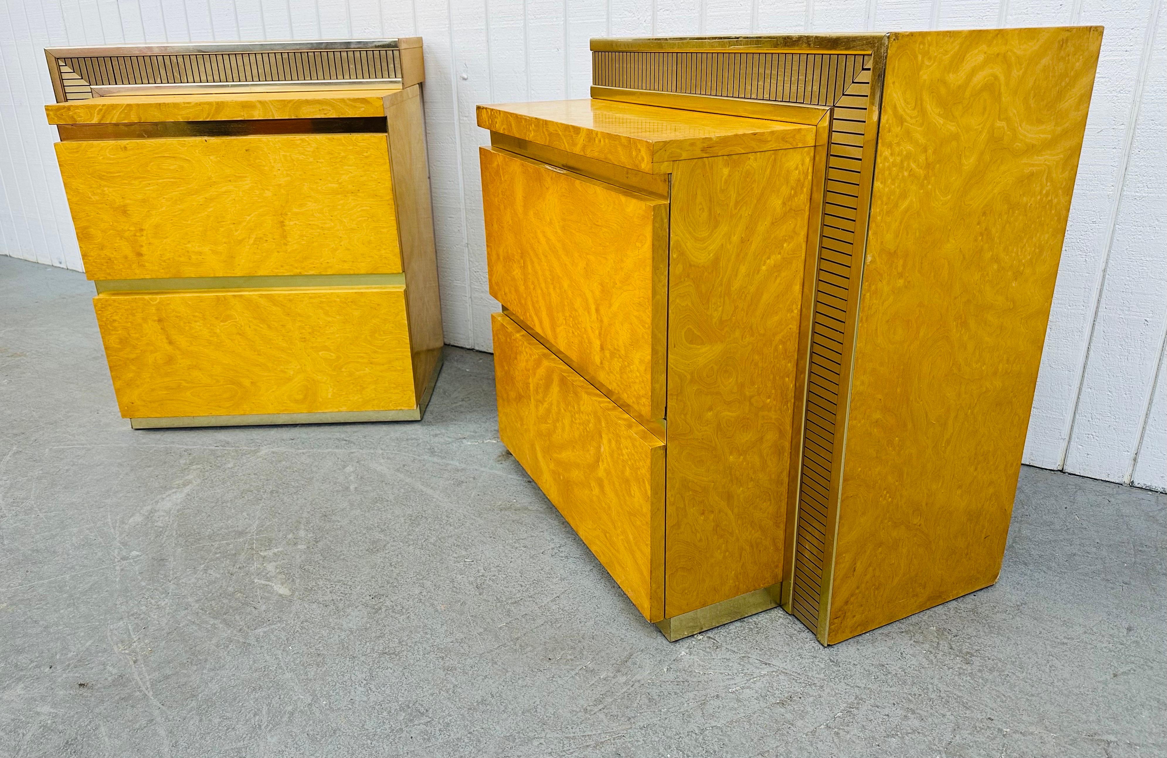 American Post-Modern Burled Wood & Brass Nightstands - Set of 2