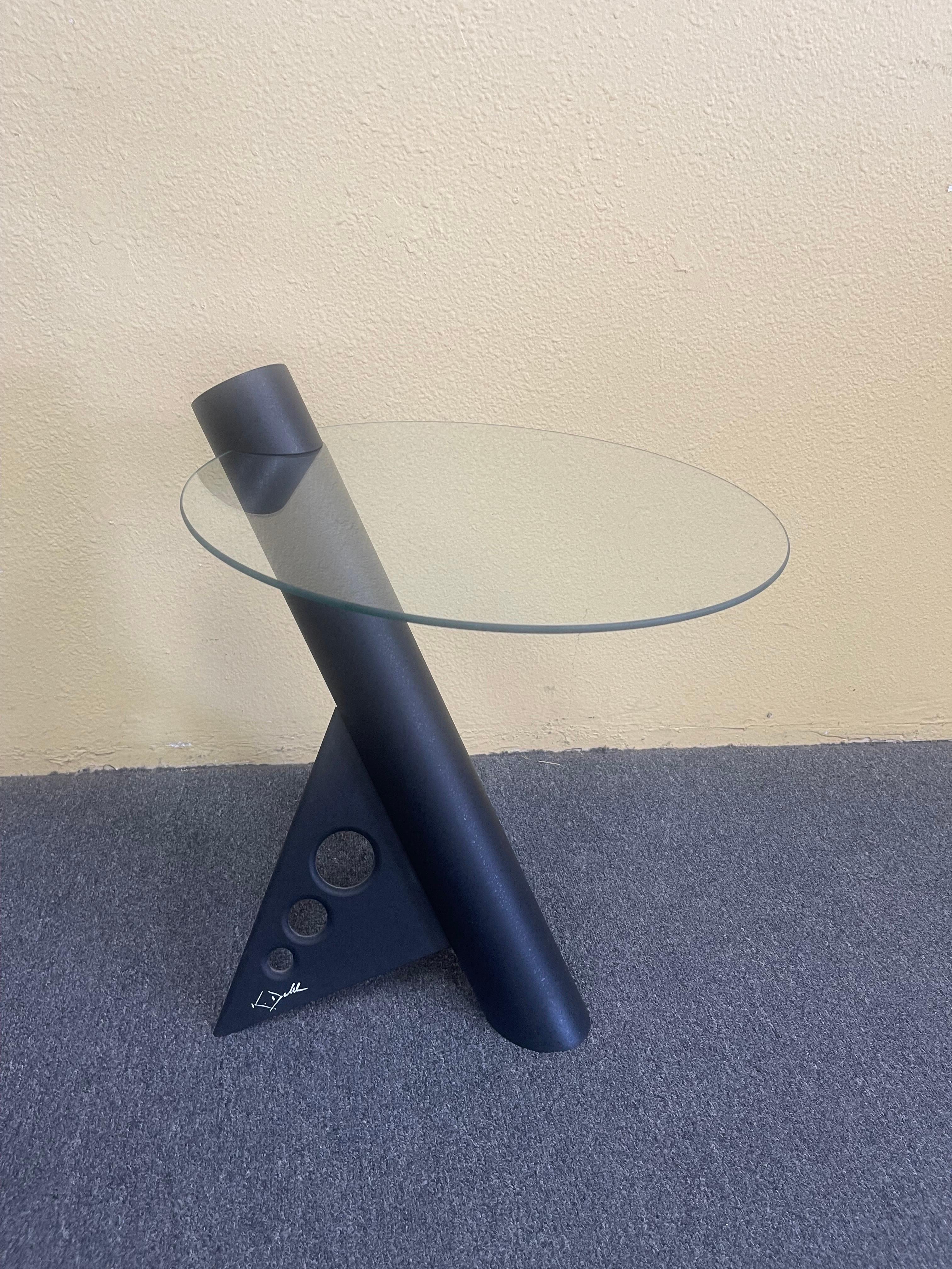 Laminated Post-Modern Cantilevered Glass Top Side Table by K. Dahl For Sale