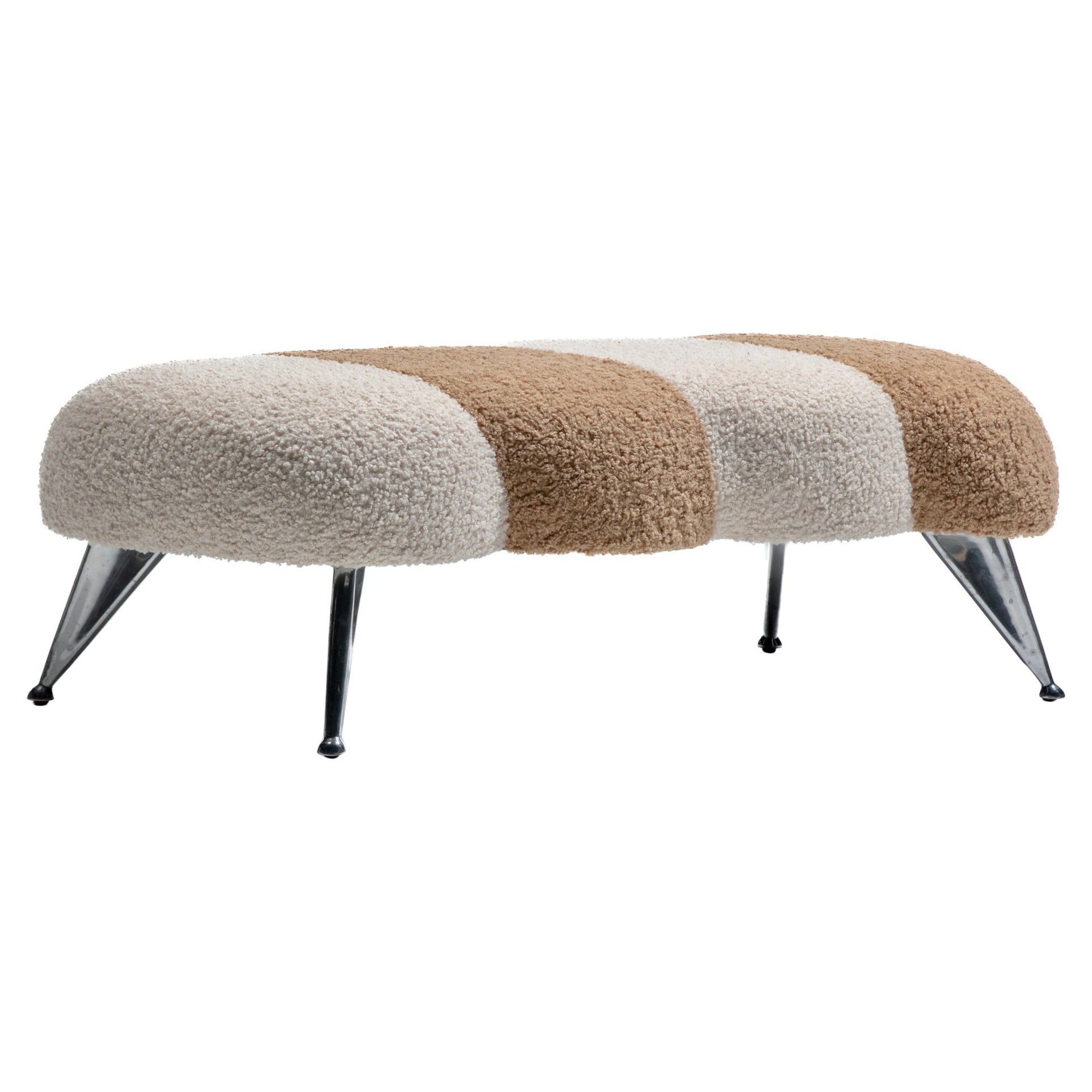 Post Modern Caterpillar Two Tone Bench with Chrome Legs in Ivory & Latte Bouclé For Sale