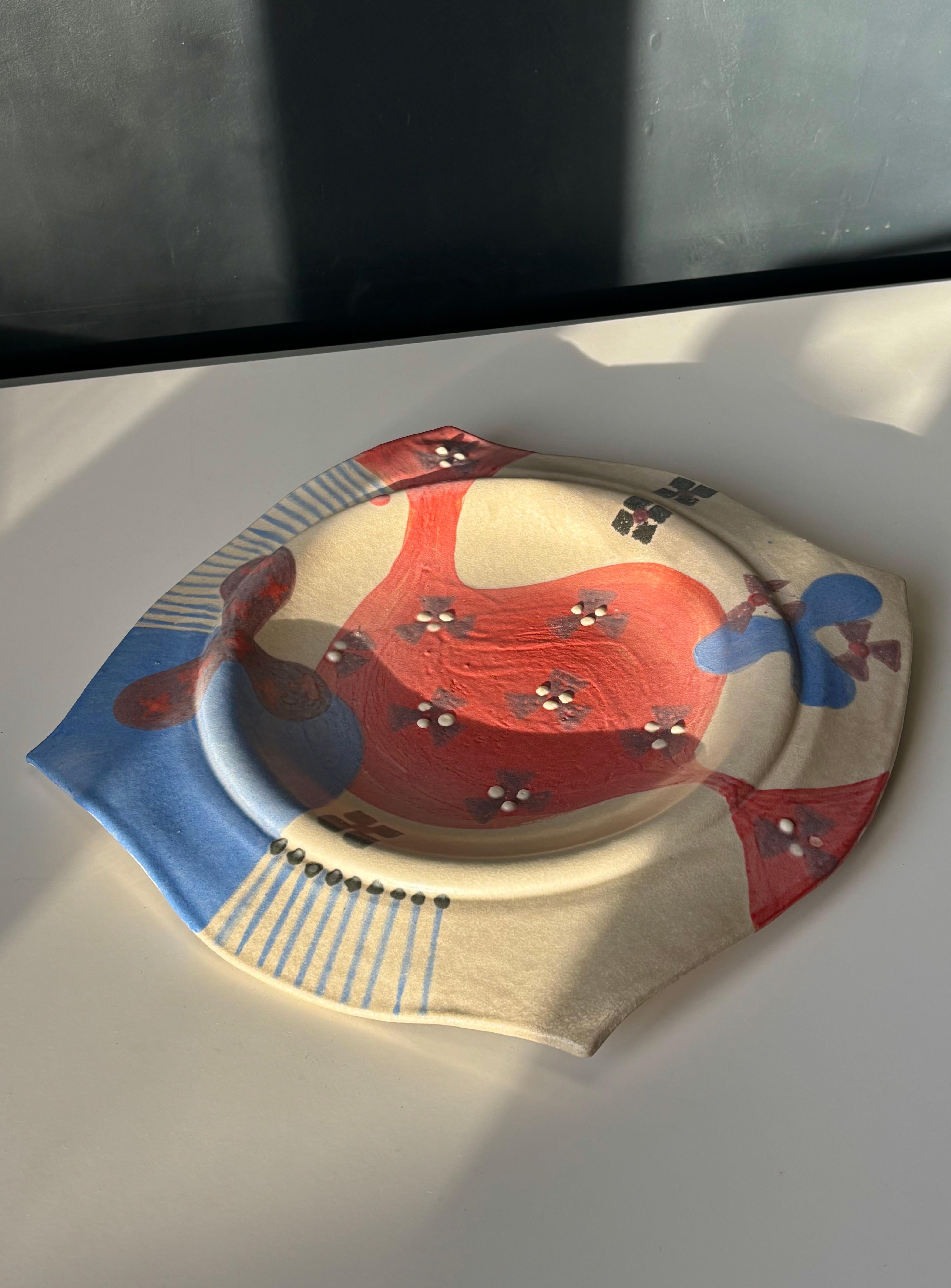 Unknown Post-Modern Ceramic Cream, Scarlet, Blue Wall Plate, 1980s For Sale