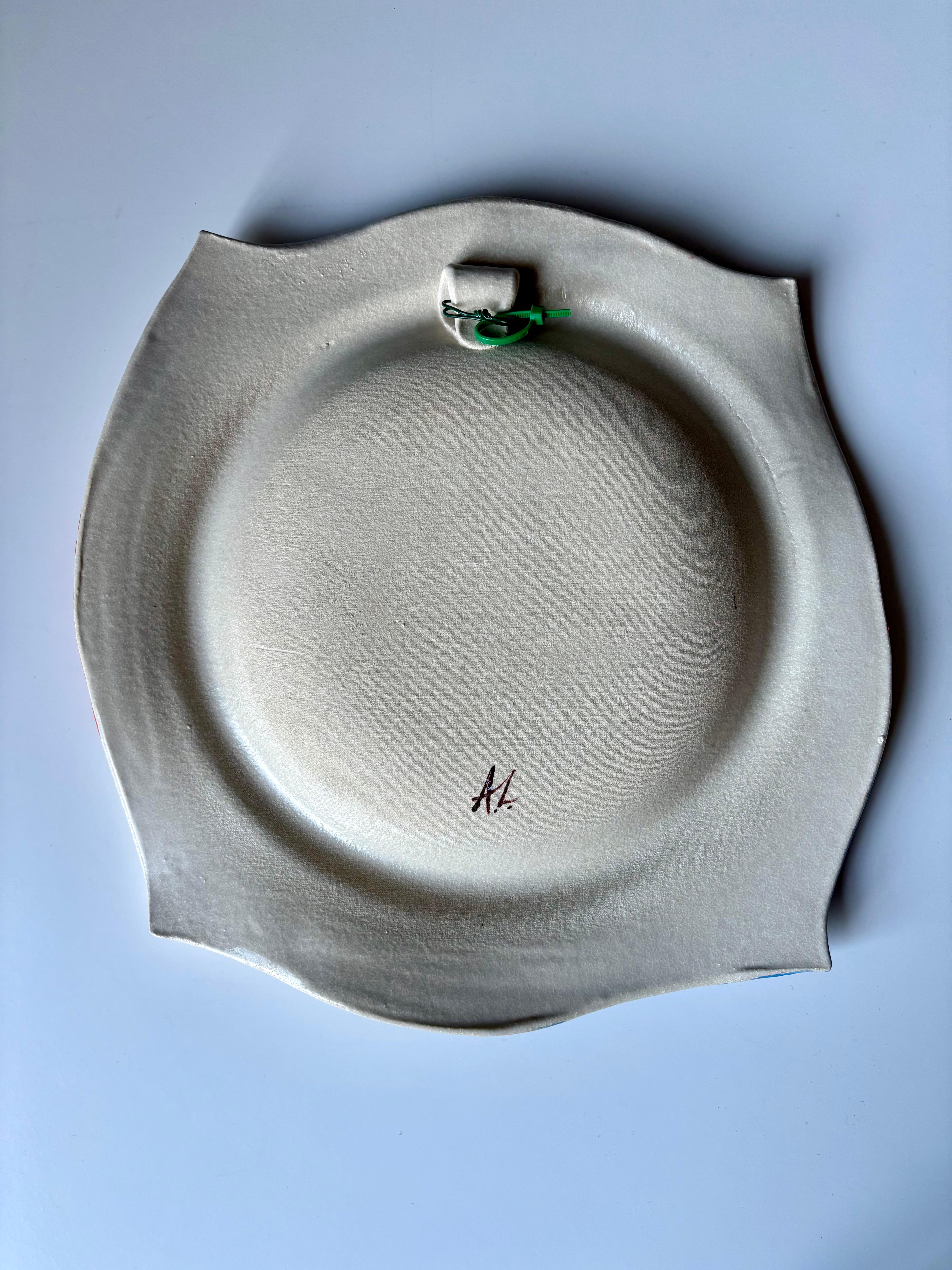 Glazed Post-Modern Ceramic Cream, Scarlet, Blue Wall Plate, 1980s For Sale