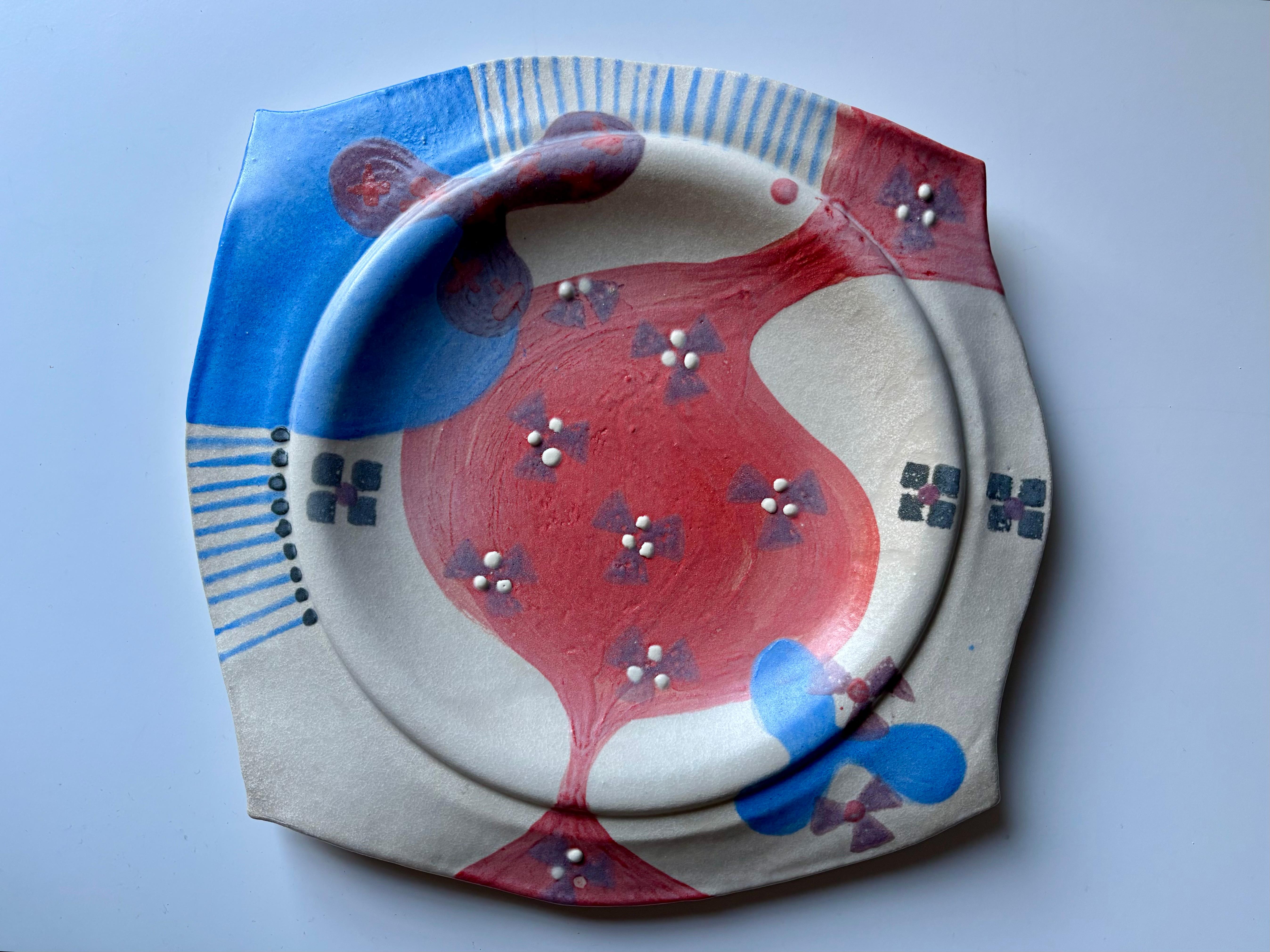20th Century Post-Modern Ceramic Cream, Scarlet, Blue Wall Plate, 1980s For Sale