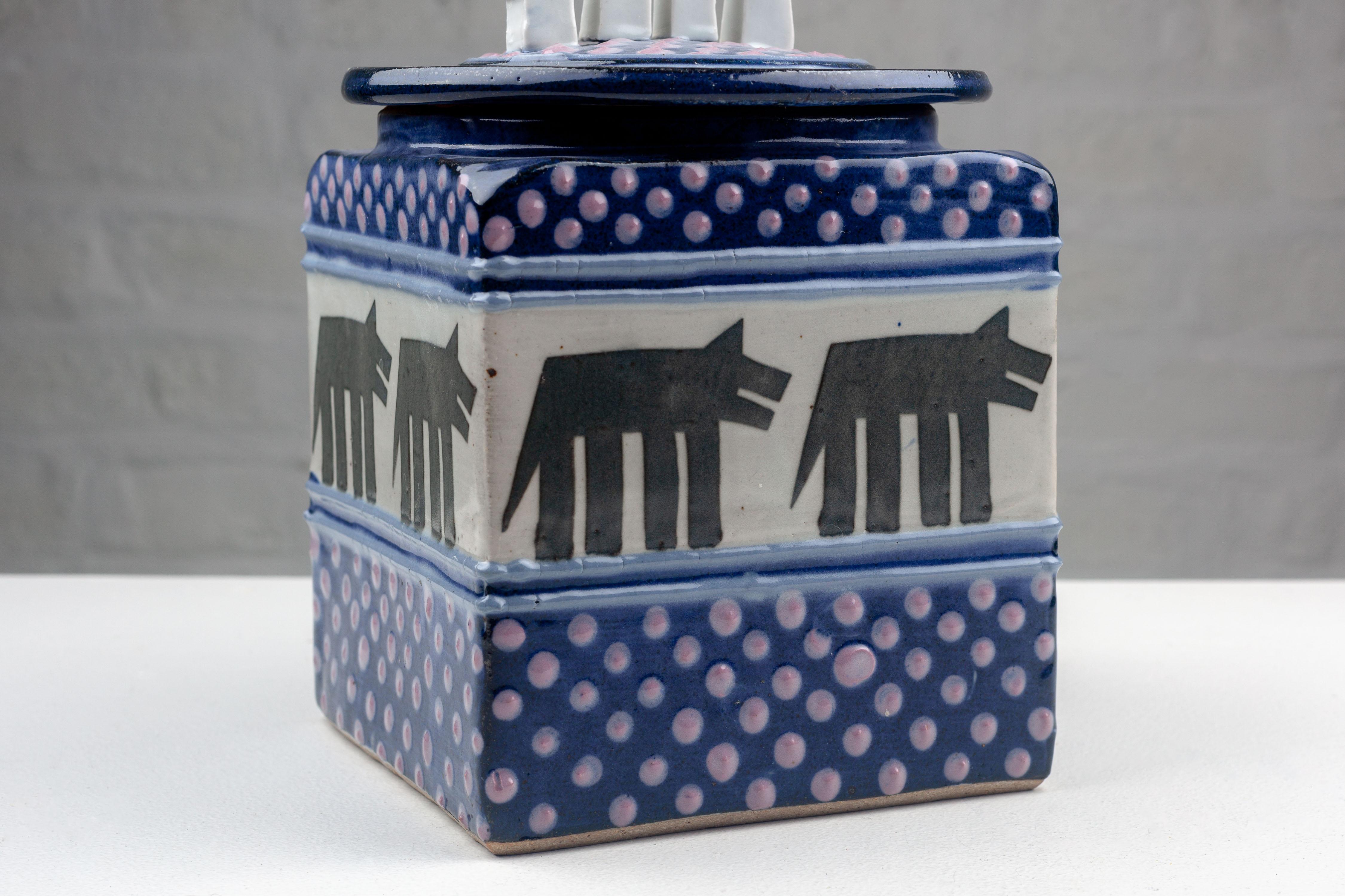 Post-Modern Ceramic Dog Cookie Jar by Cunningham Pottery, Handmade 1990s USA In Good Condition For Sale In Chicago, IL