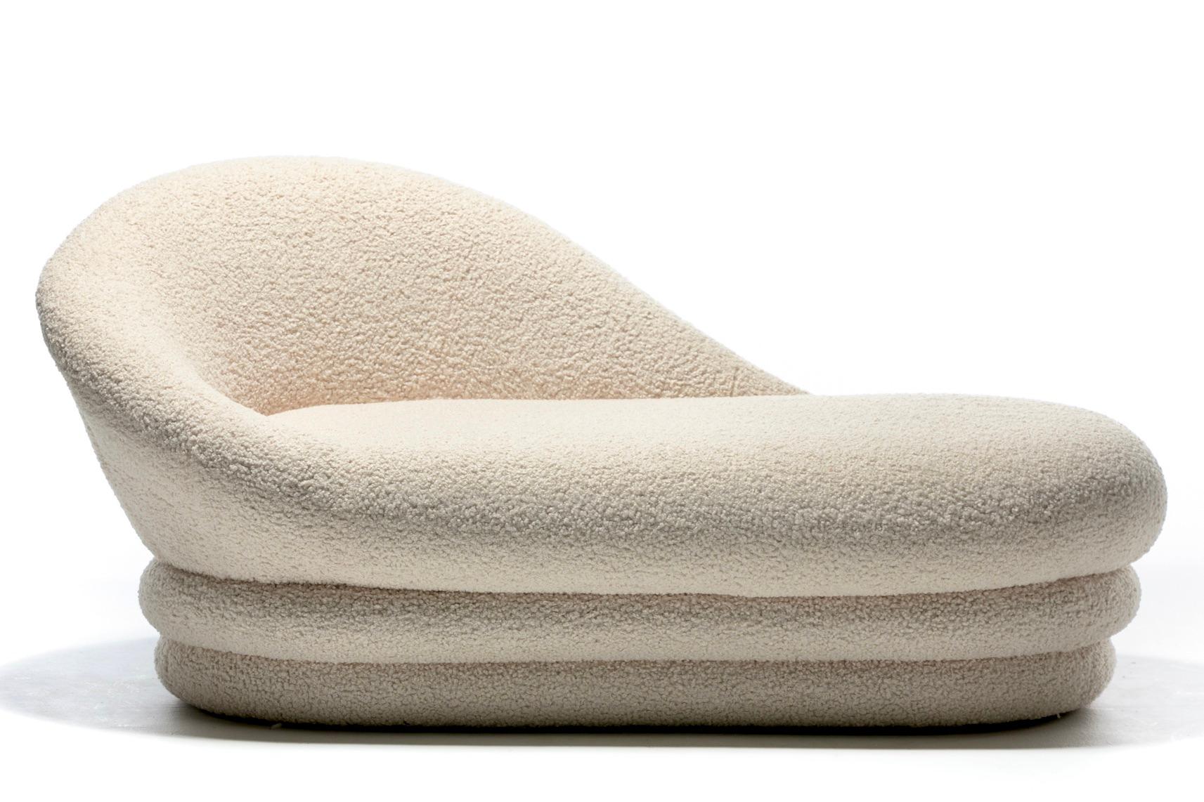 Float away from the worries of the day in this luxurious post modern chaise lounge newly professionally upholstered in super soft ivory white bouclé. Sculptural form exudes a sophisticated look that's gentle and inviting. Ivory white bouclé fabric's
