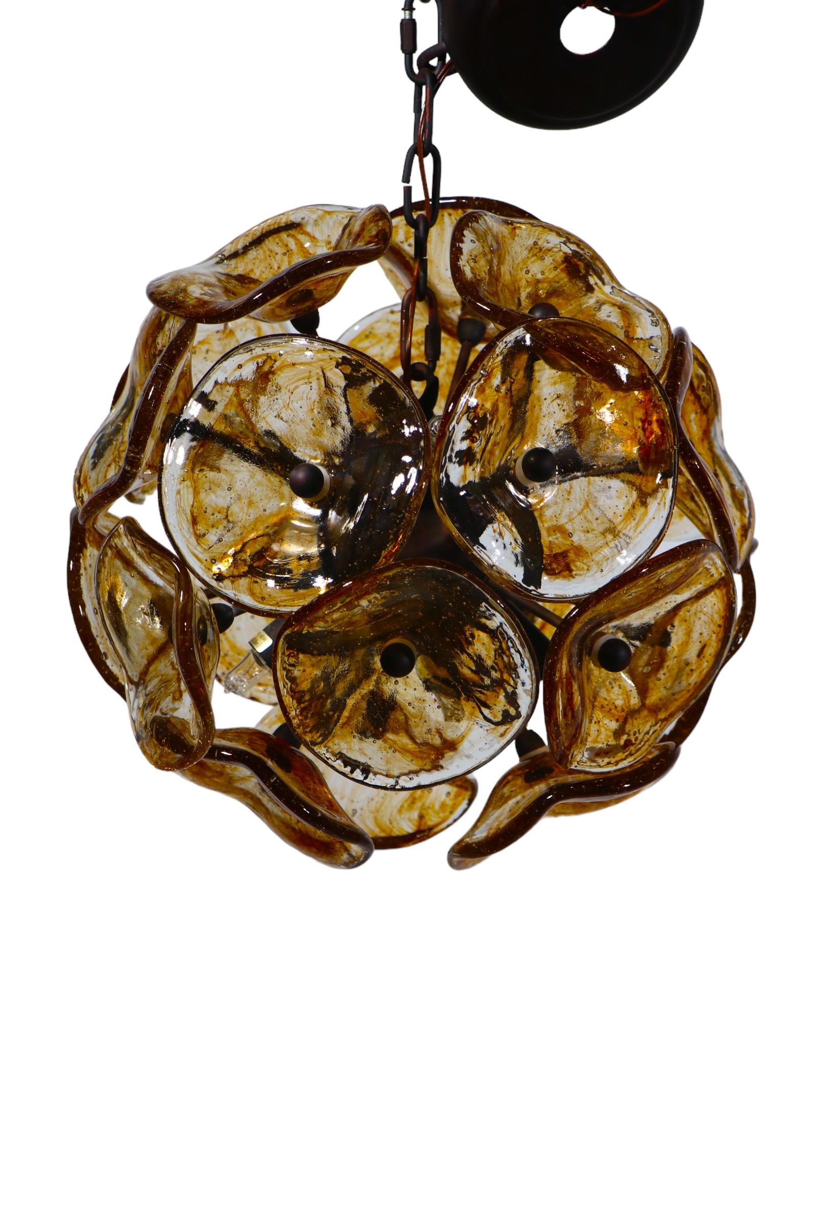 Metal Post Modern Chandelier with Murano Glass Flowers by Fiori c 1990 -2010 For Sale
