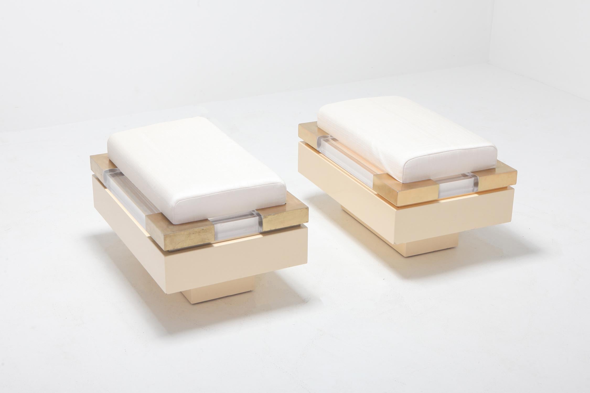 Hollywood Regency Postmodern Chic Pair of Ottoman in Cream Lacquer, Brass and Lucite