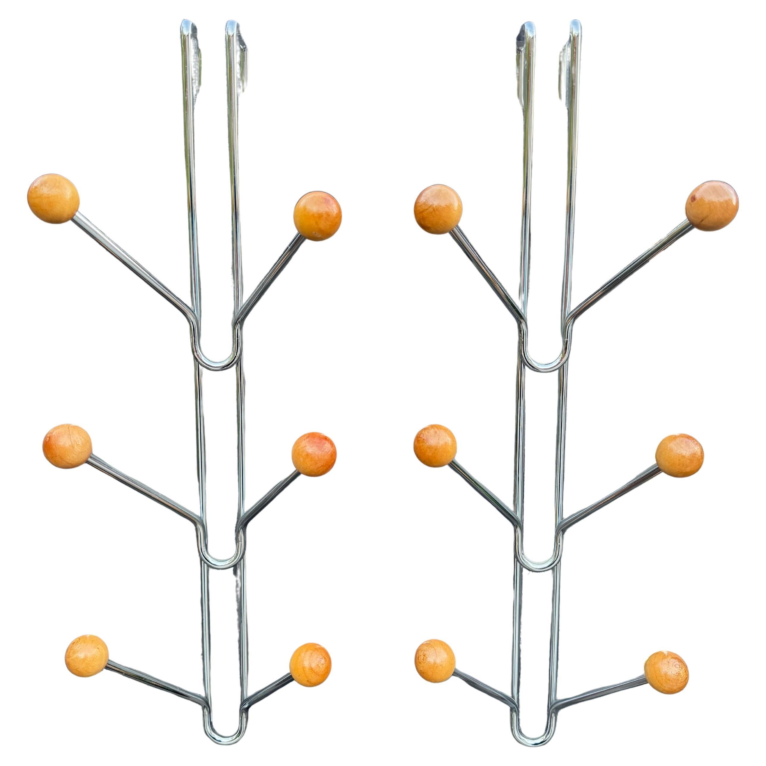 Post Modern Chrome and Wood Coat Rack - A Pair