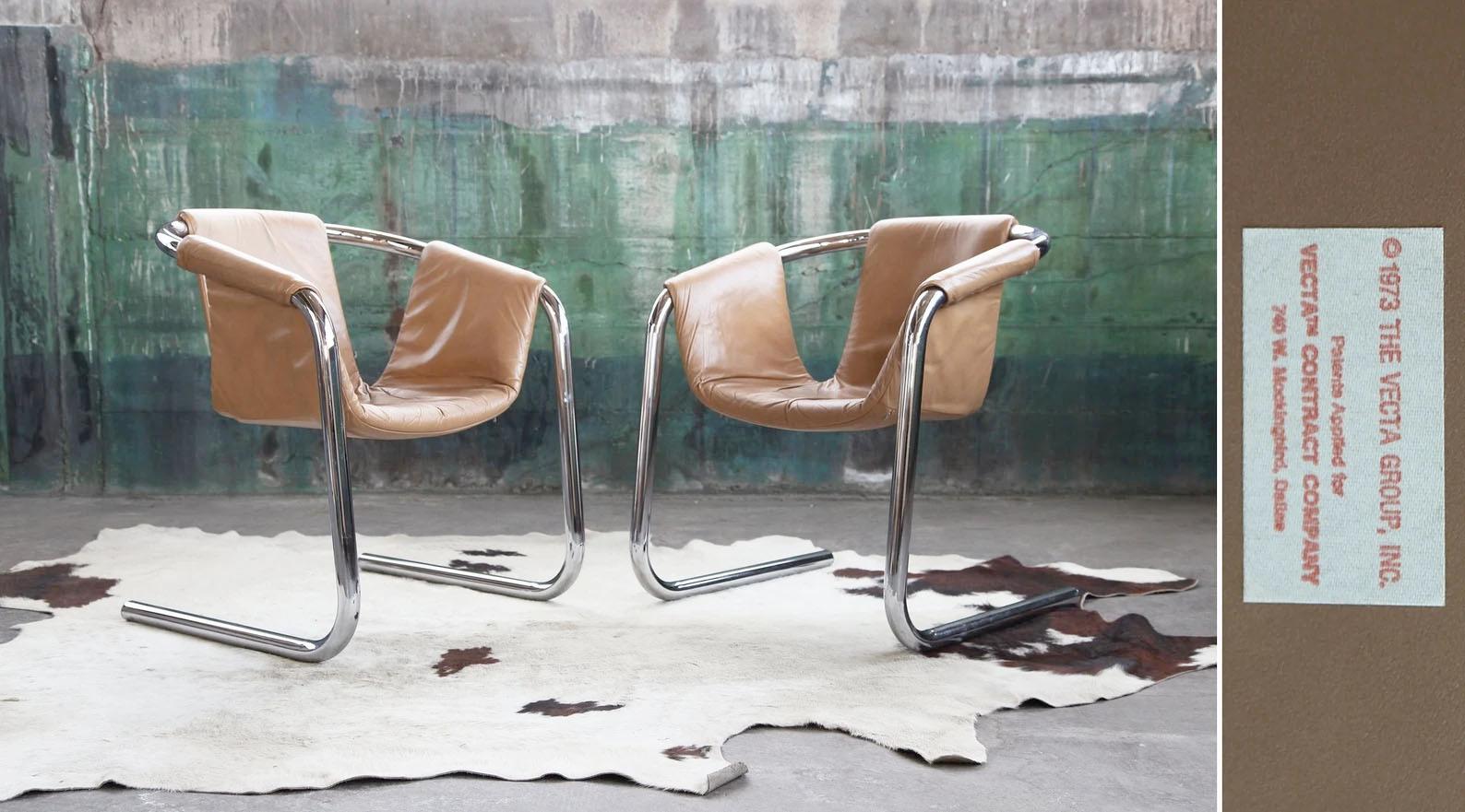 Post-Modern Post Modern Chrome Vecta Zermatt Sling Beige Leather Lounge Chair, 1970s