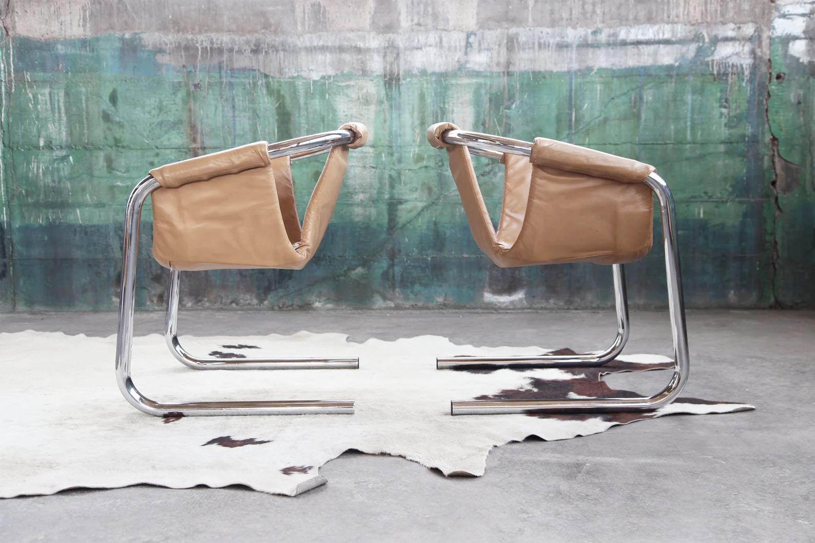 20th Century Post Modern Chrome Vecta Zermatt Sling Beige Leather Lounge Chair, 1970s