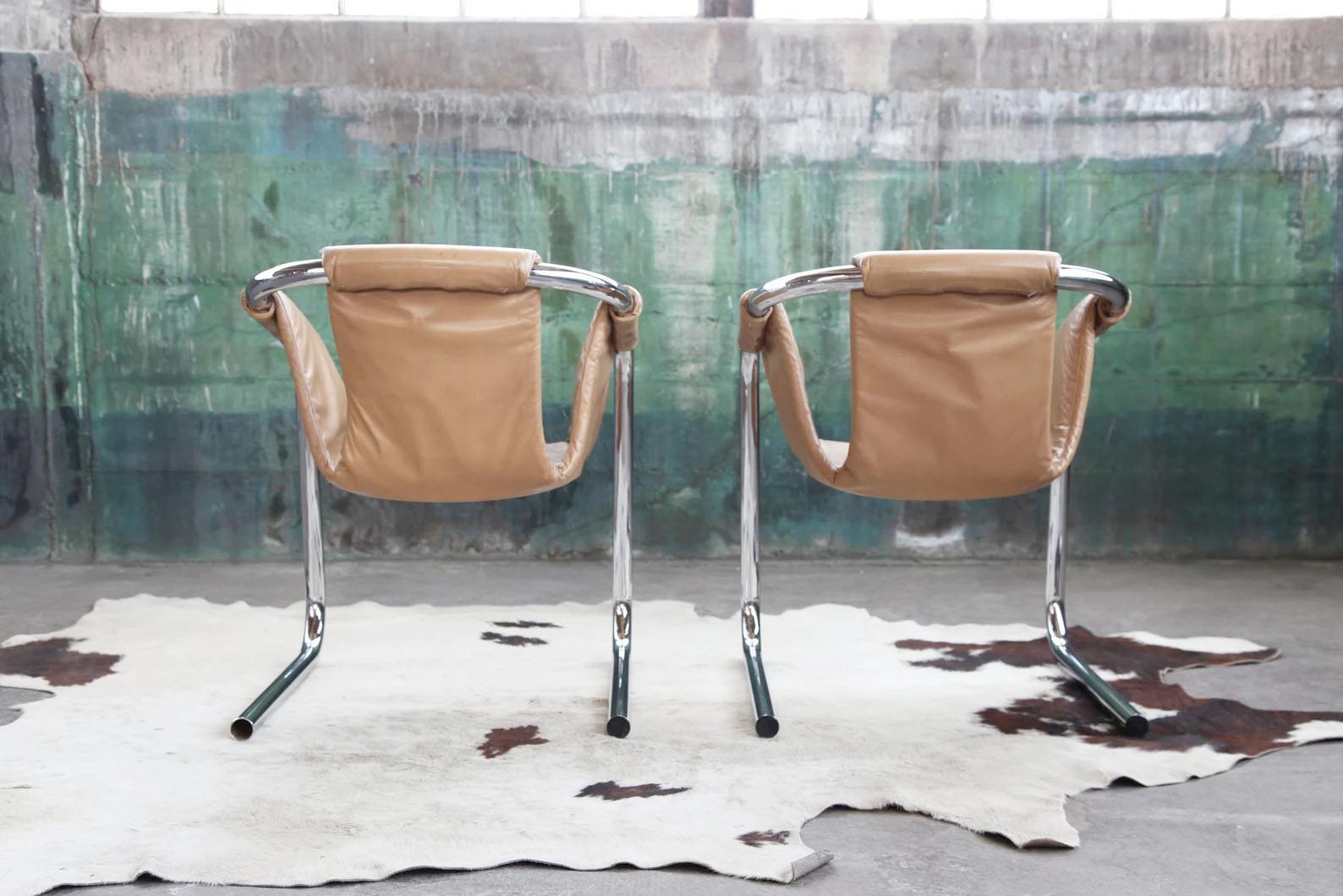 Post Modern Chrome Vecta Zermatt Sling Beige Leather Lounge Chair, 1970s 1