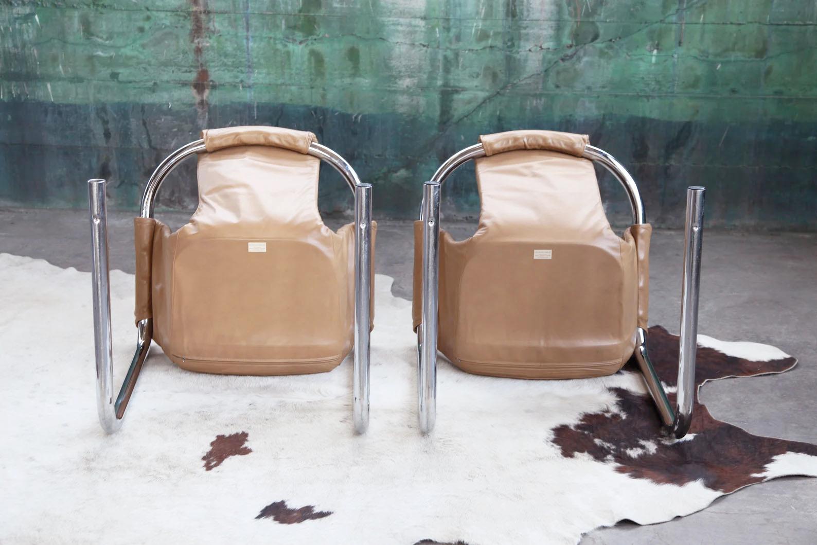 Post Modern Chrome Vecta Zermatt Sling Beige Leather Lounge Chair, 1970s 2
